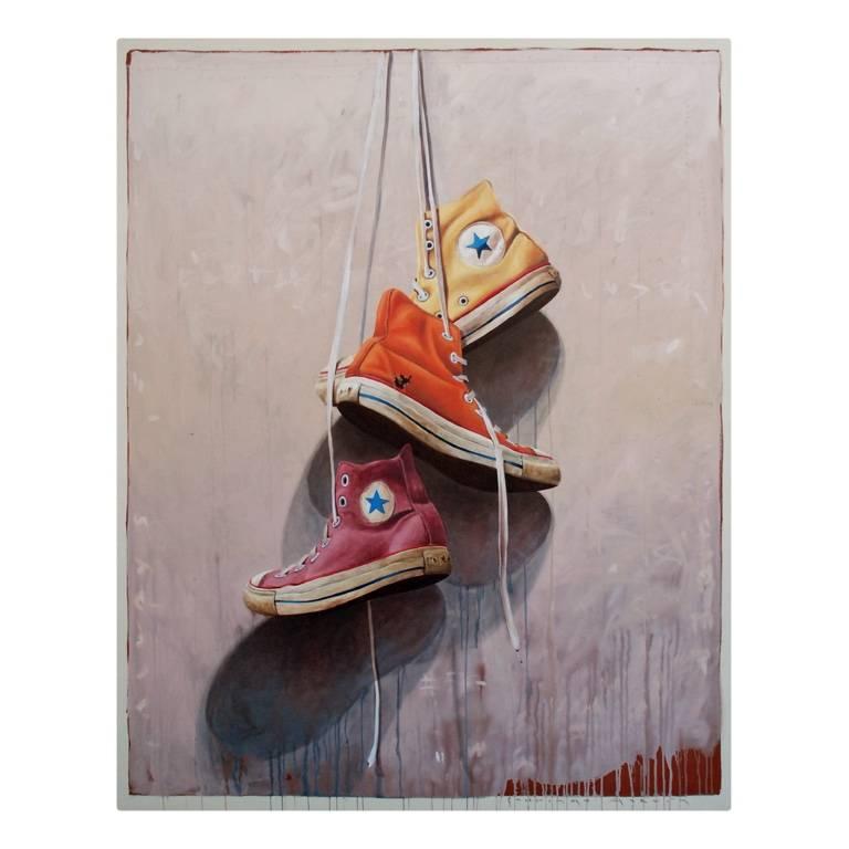 Santiago Garcia Still-Life Painting - "Converse #1007" Old Yellow Orange and Red Chuck Taylors on a Neutral Background