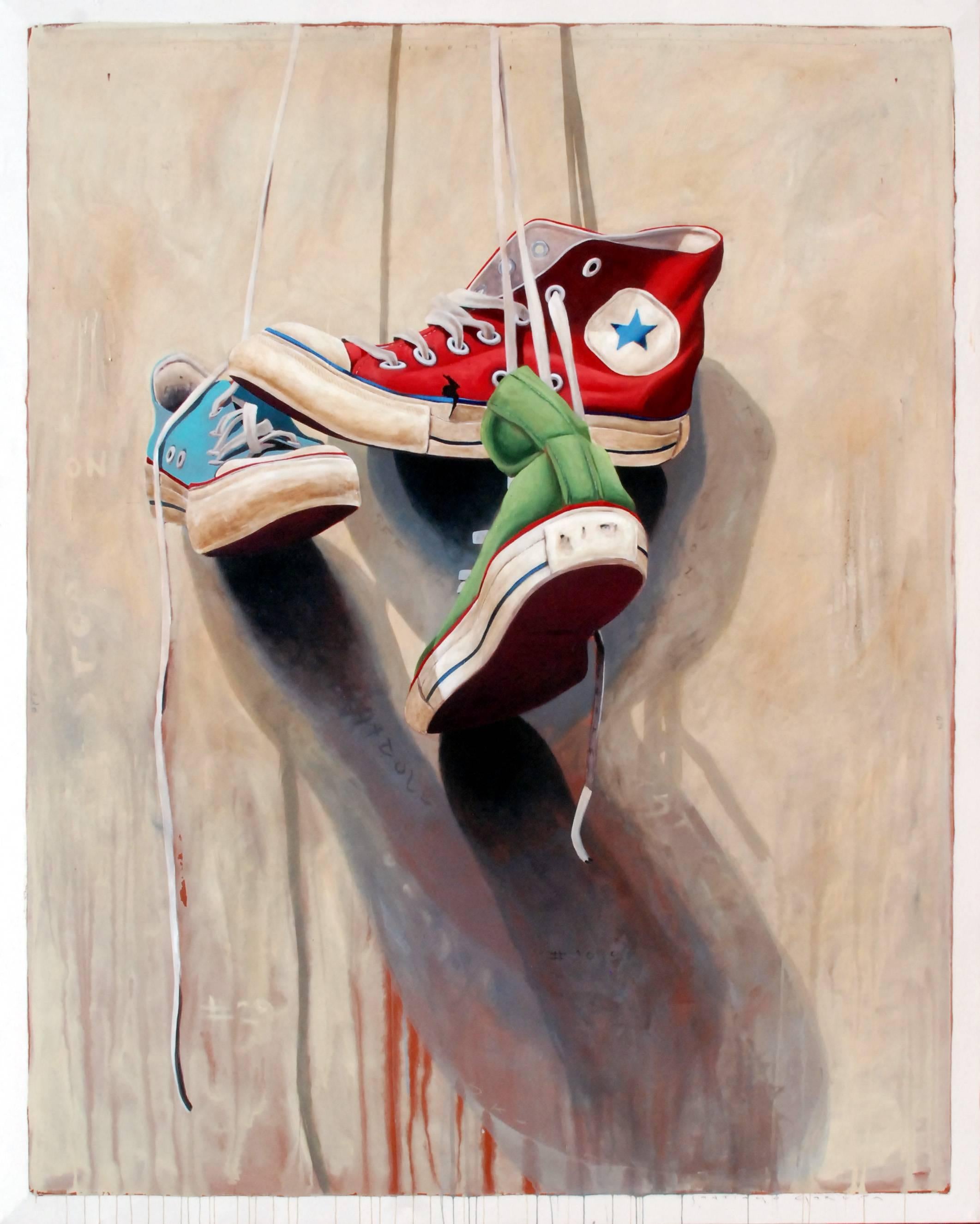 Santiago Garcia Still-Life Painting - "Converse #1010" Old Red Blue and Green Chuck Taylors with Neutral Background