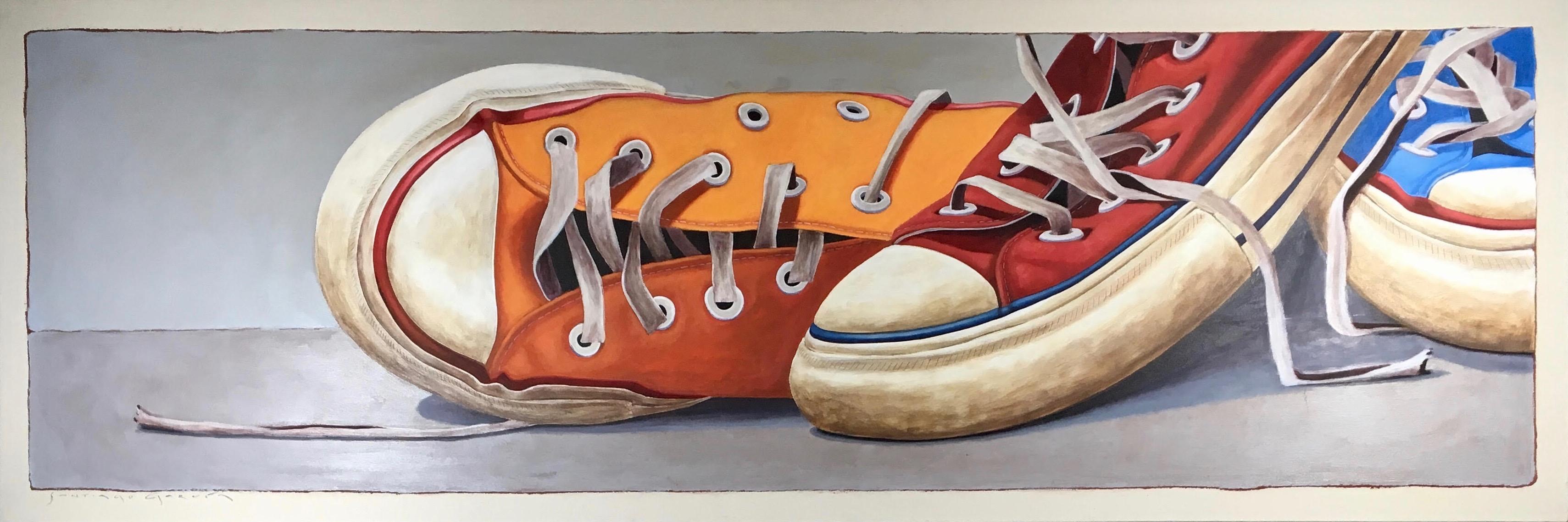 Santiago Garcia Still-Life Painting - "Converse #3" Oil painting of three converse sneakers in orange, red and blue