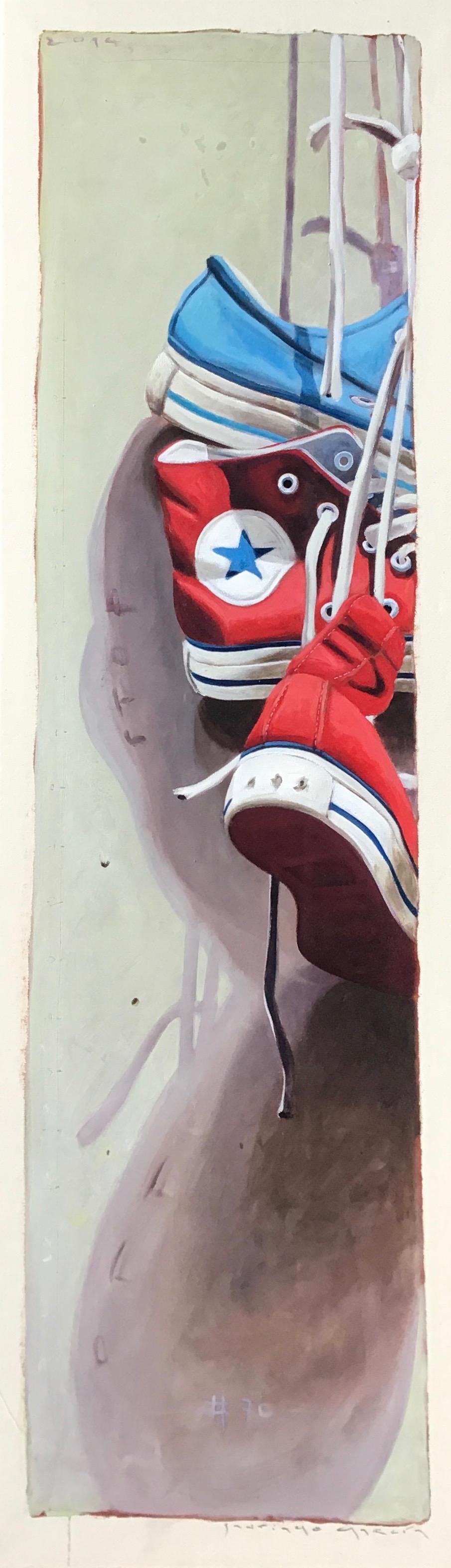 Santiago Garcia Still-Life Painting - "Converse #70" Detailed Vertical Painting of Red and Blue Chuck Taylors