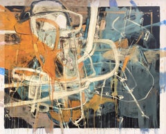 "Electric is the Law III" Pittura ad olio astratta con blu, bianco e arancione
