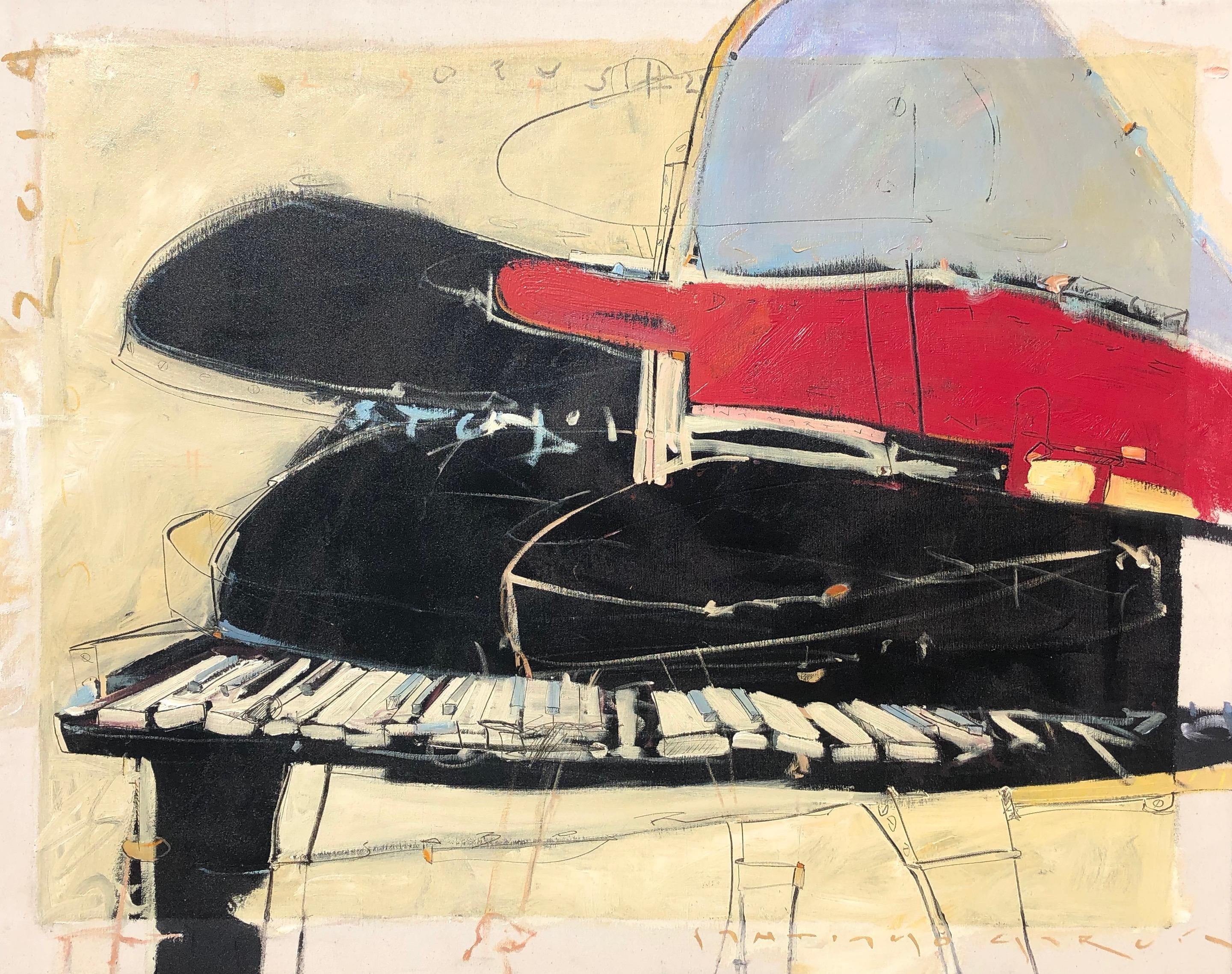 Santiago Garcia Abstract Painting – "Opus #2" Abstract oil painting of a piano in black, white and red.