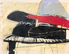 "Opus #2" Abstract oil painting of a piano in black, white and red.