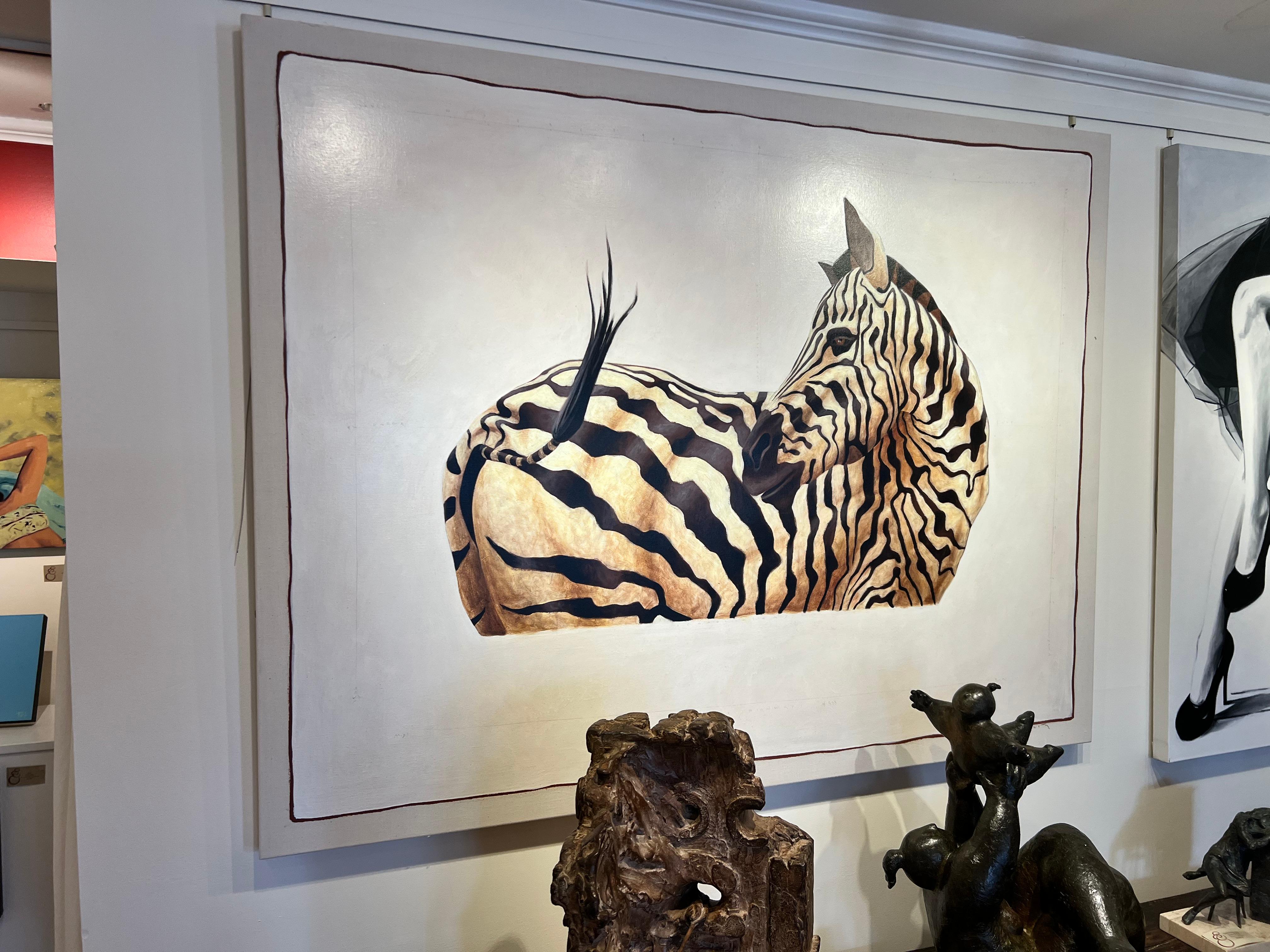 « Zebra n°533 », peinture à l'huile d'un zèbre noir et blanc regardant en arrière, vue latérale en vente 2