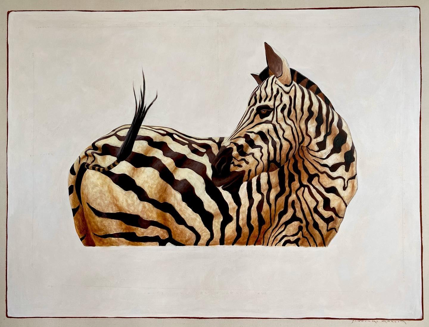 Animal Painting Santiago Garcia - « Zebra n°533 », peinture à l'huile d'un zèbre noir et blanc regardant en arrière, vue latérale