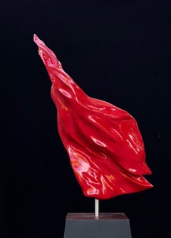 "Red Flame" Bright Red Resin and Stainless Steel Sculpture   