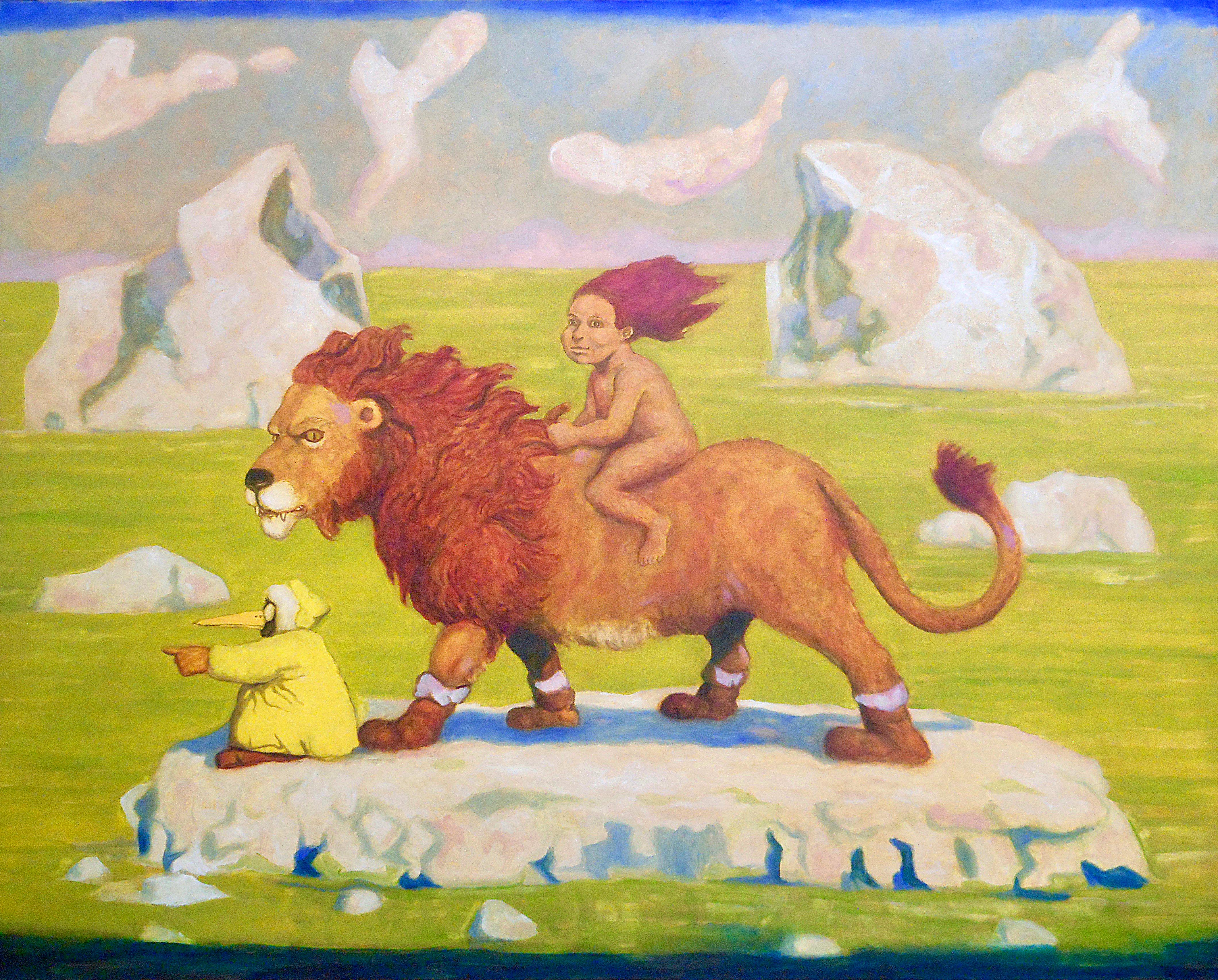 Santiago Perez Animal Painting - The Red-Headed Kid and the Lion in the Arctic 