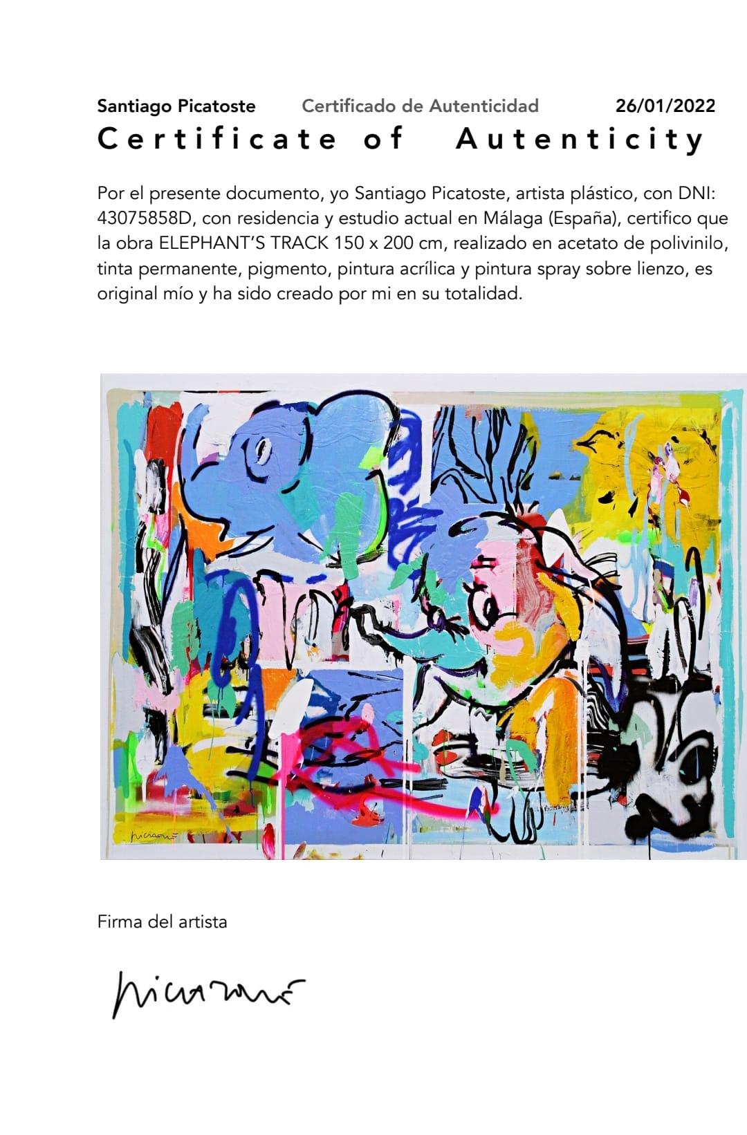 Begehrtes zeitgenössisches Kunstwerk von Santiago Picatoste.

Das Werk elephant's track 150 x 200 cm, hergestellt aus Polyvinylacetat, permanenter Tinte, Pigment, Acrylfarbe und Sprühfarbe auf Leinwand.

Es wird mit seinem Echtheitszertifikat