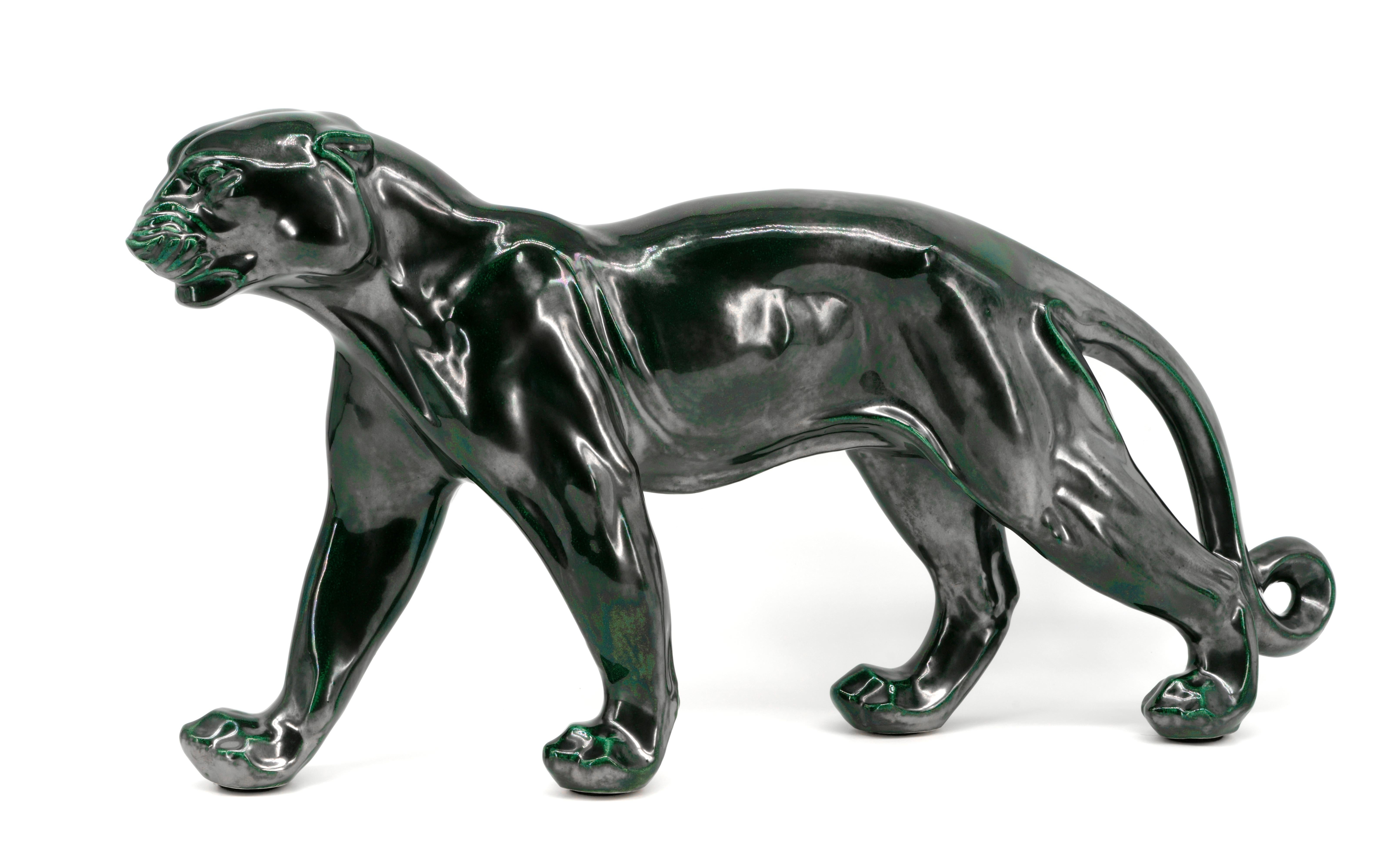 French Art Deco ceramic panther sculpture by Santiago Rodriguez Bonome, France, 1940s. Amazing! Width: 25.2