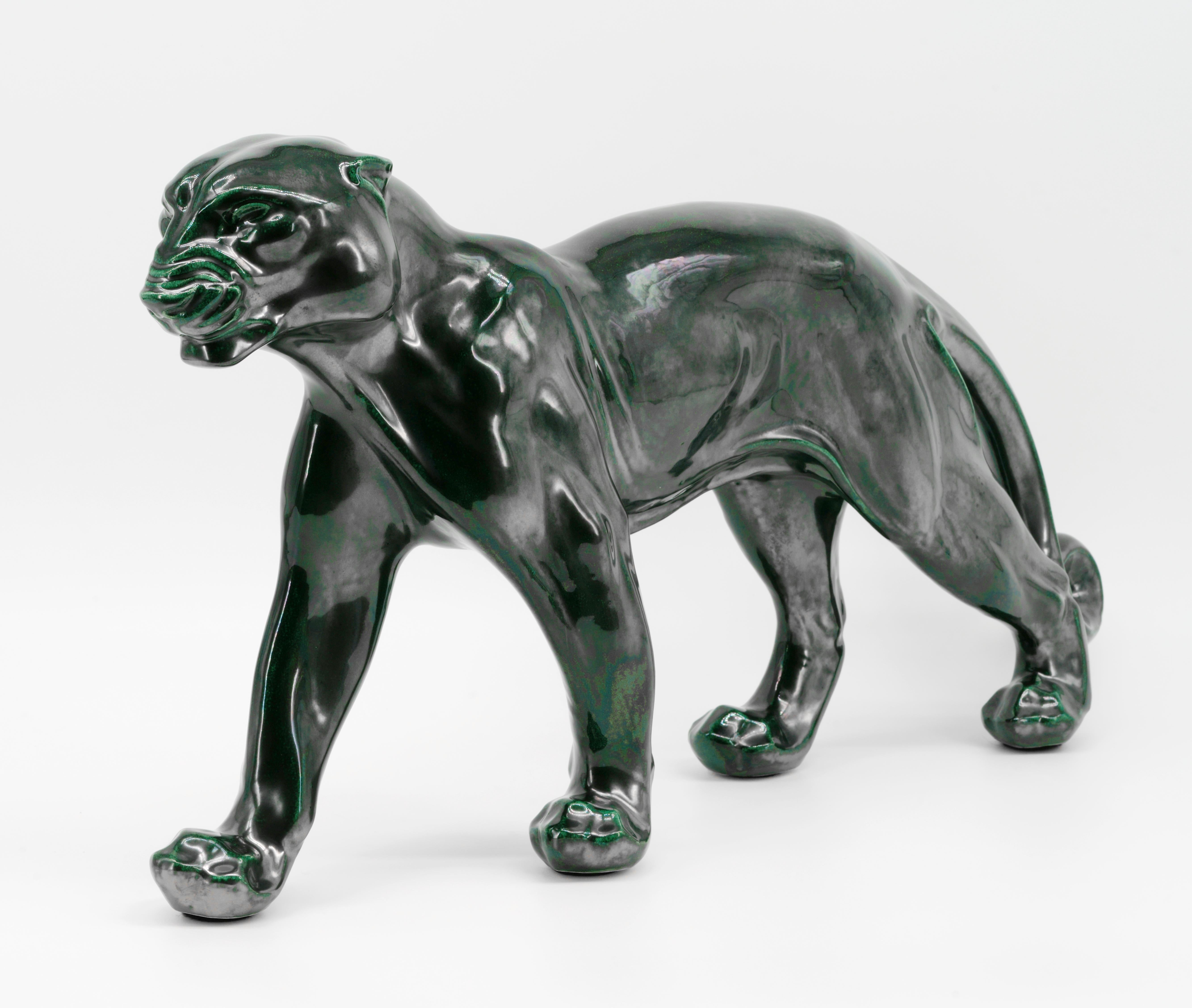 Santiago Rodriguez Bonome French Art Deco Ceramic Panther Sculpture, 1940s In Excellent Condition For Sale In Saint-Amans-des-Cots, FR