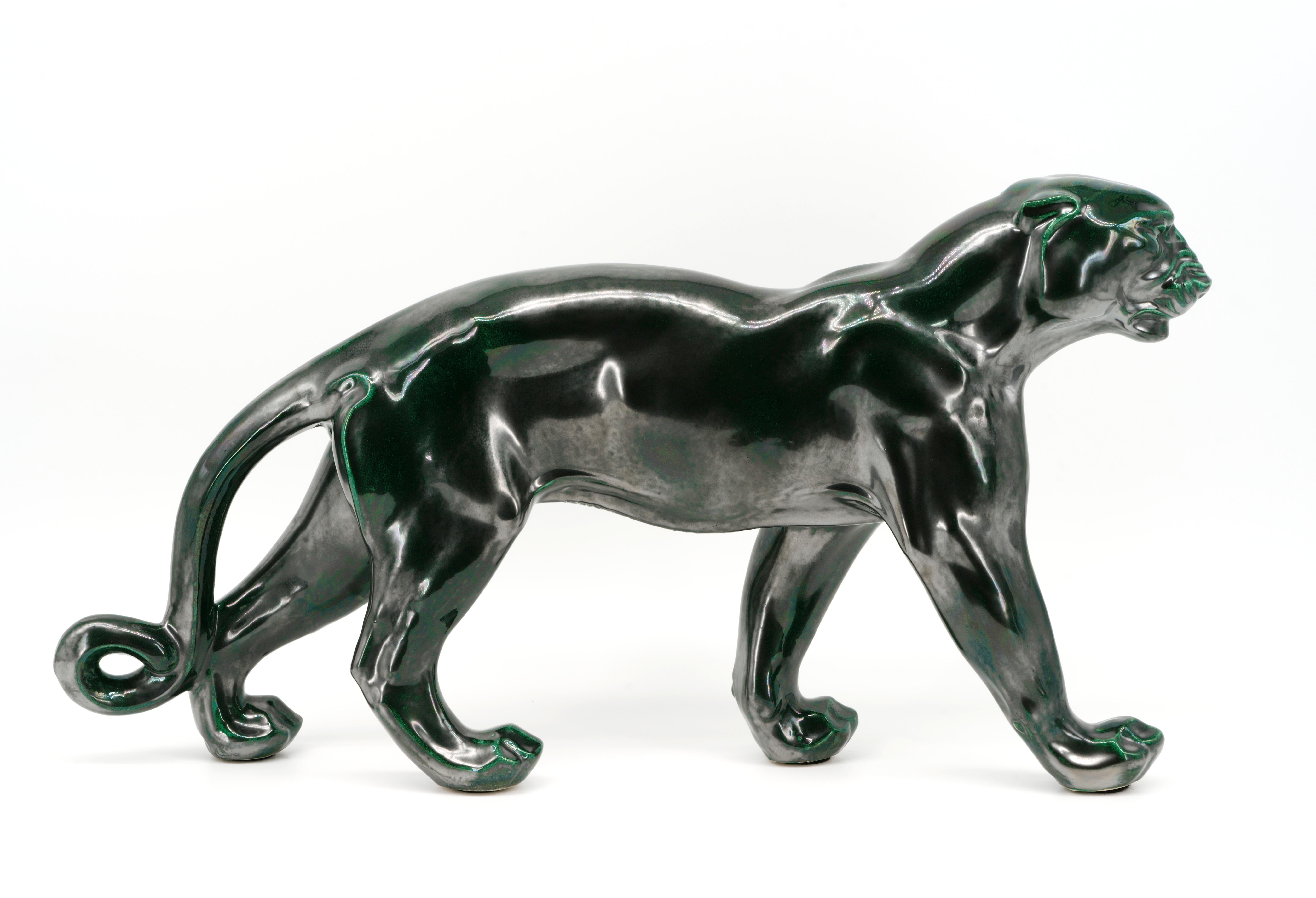 Mid-20th Century Santiago Rodriguez Bonome French Art Deco Ceramic Panther Sculpture, 1940s For Sale
