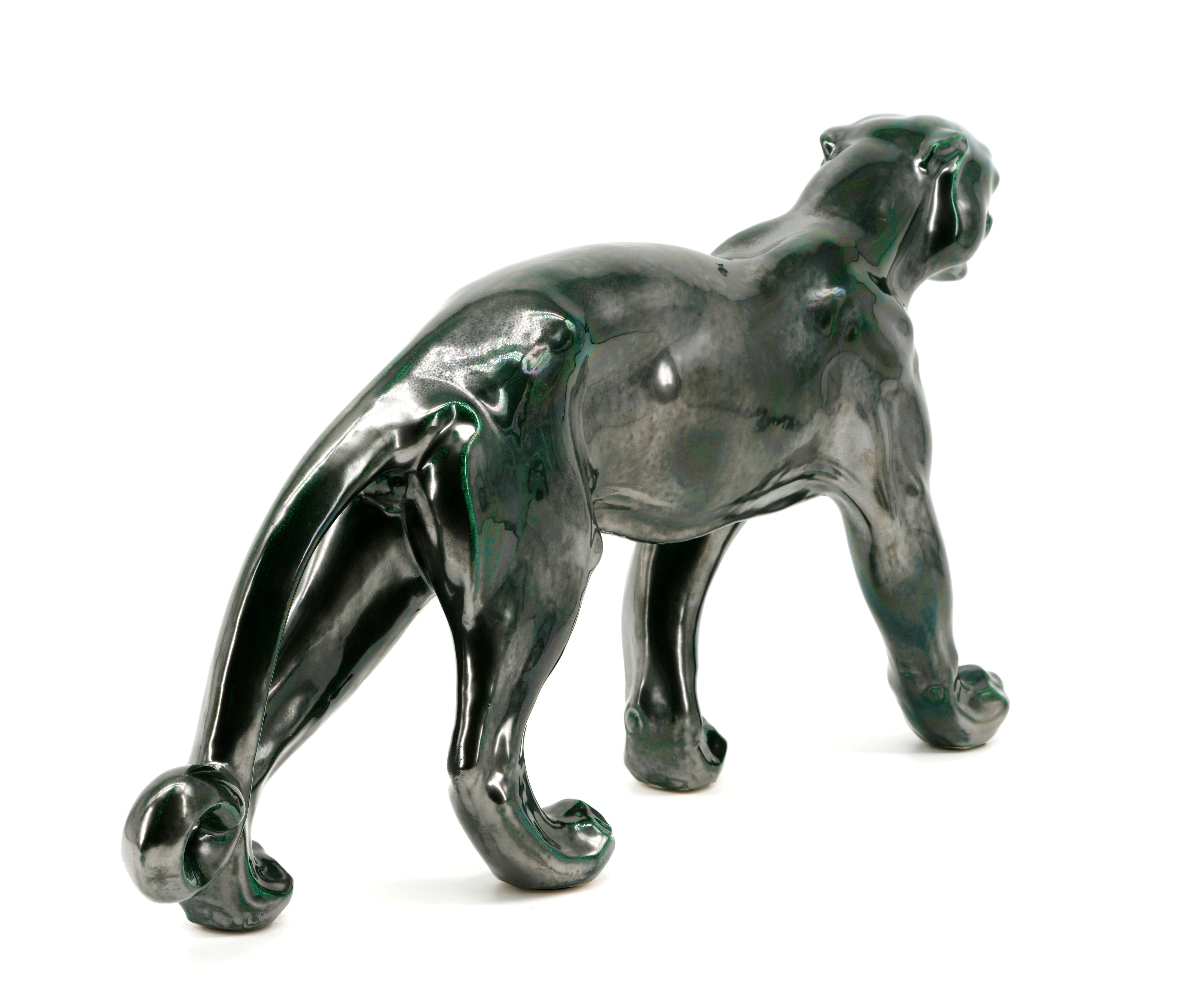 Santiago Rodriguez Bonome French Art Deco Ceramic Panther Sculpture, 1940s 1