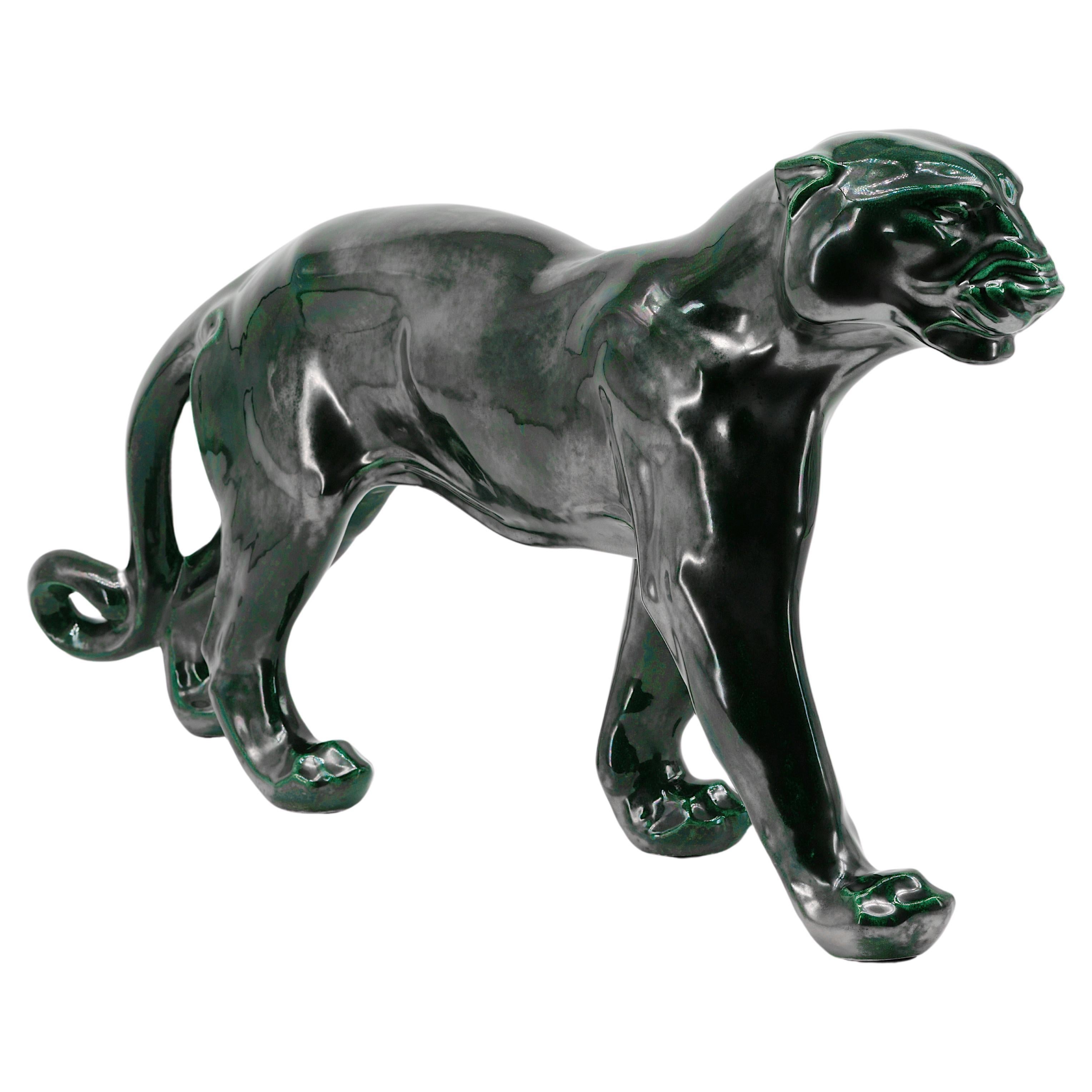 Santiago Rodriguez Bonome French Art Deco Ceramic Panther Sculpture, 1940s For Sale
