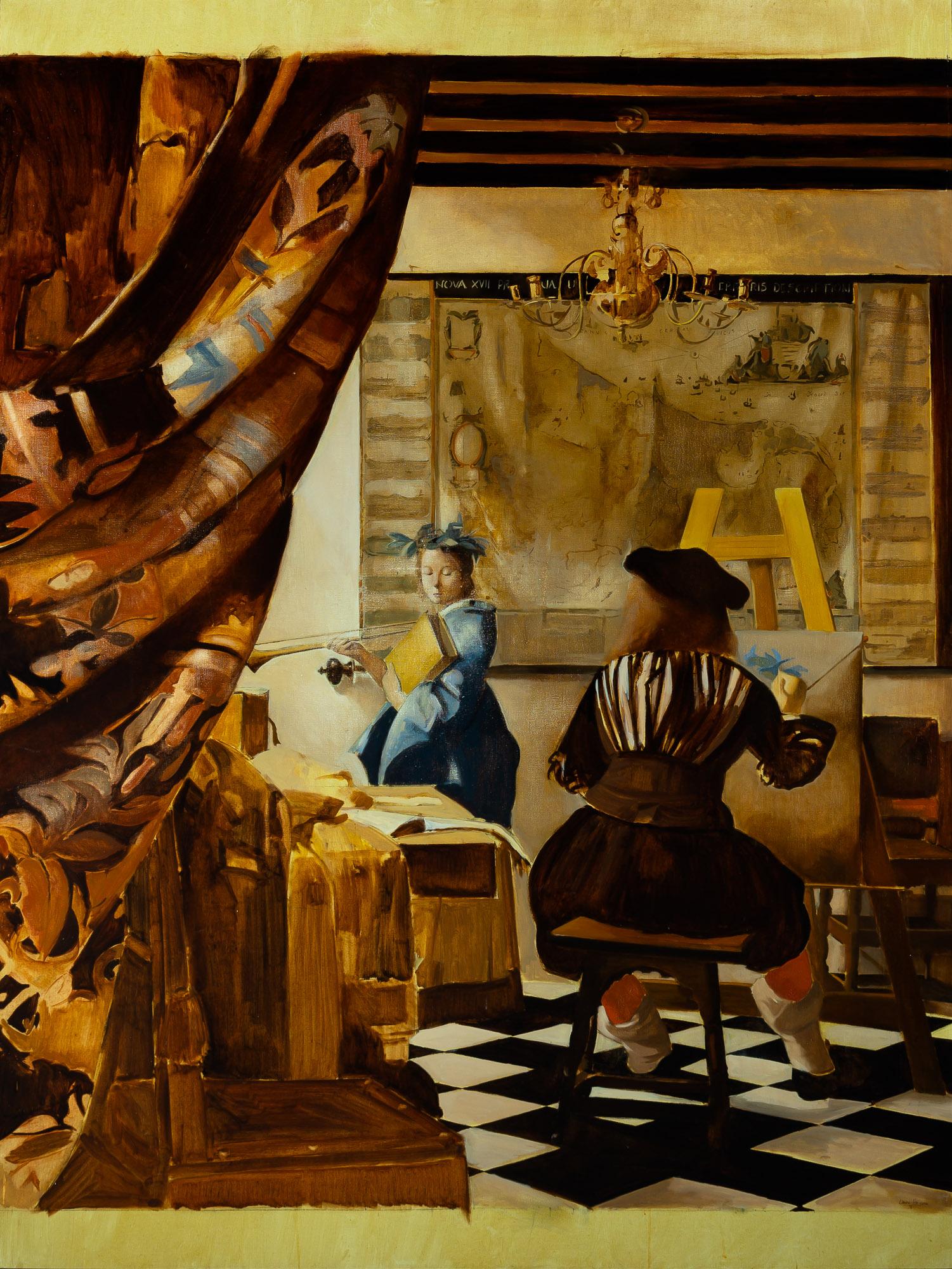 Santiago Uribe Holguin. Colombian, b. 1957
El Gran Vermeer, 1996-97. Signed and dated Uribe-Holguin '96 (lr), Signed and dated Uribe-Holguin 97 and inscribed as titled on the reverse. Oil on canvas.
Dimensions with out frame: 80 x 59 inches (203.2 x