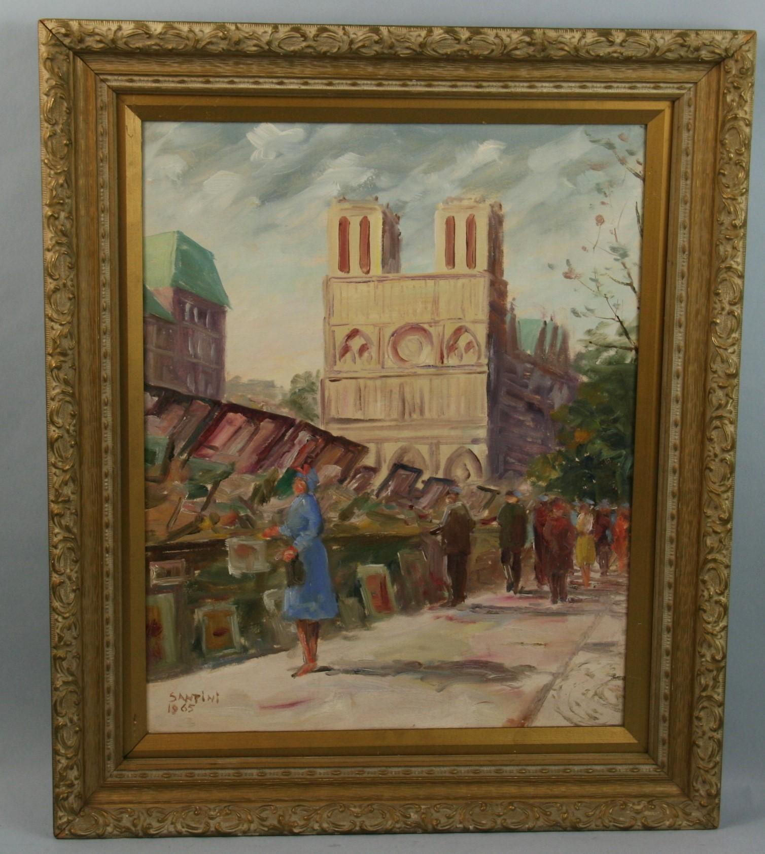 Antique French Oil Painting  Book Sellers with Notre Dame in the Background - Brown Landscape Painting by Santini