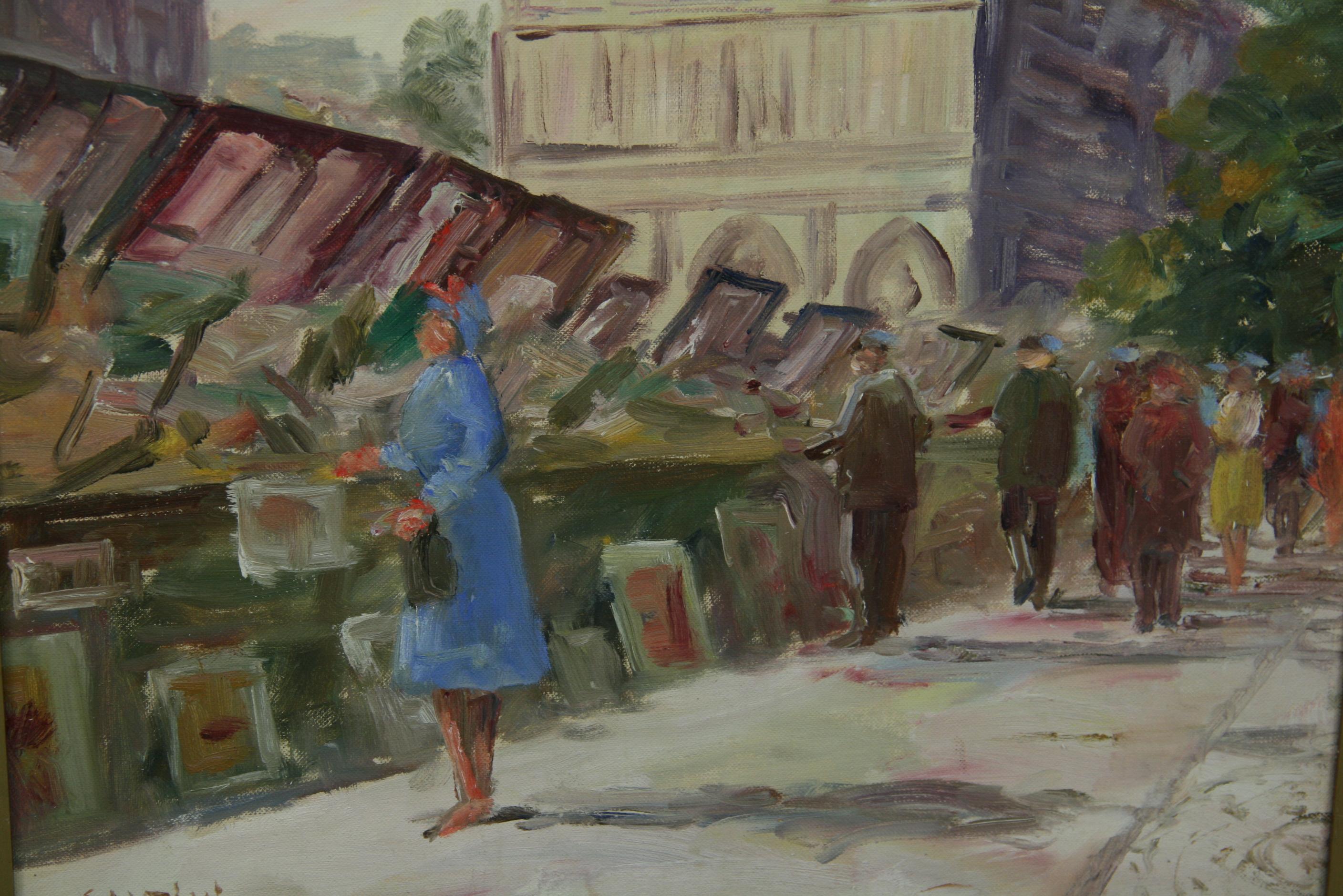 Antique French Oil Painting  Book Sellers with Notre Dame in the Background For Sale 1