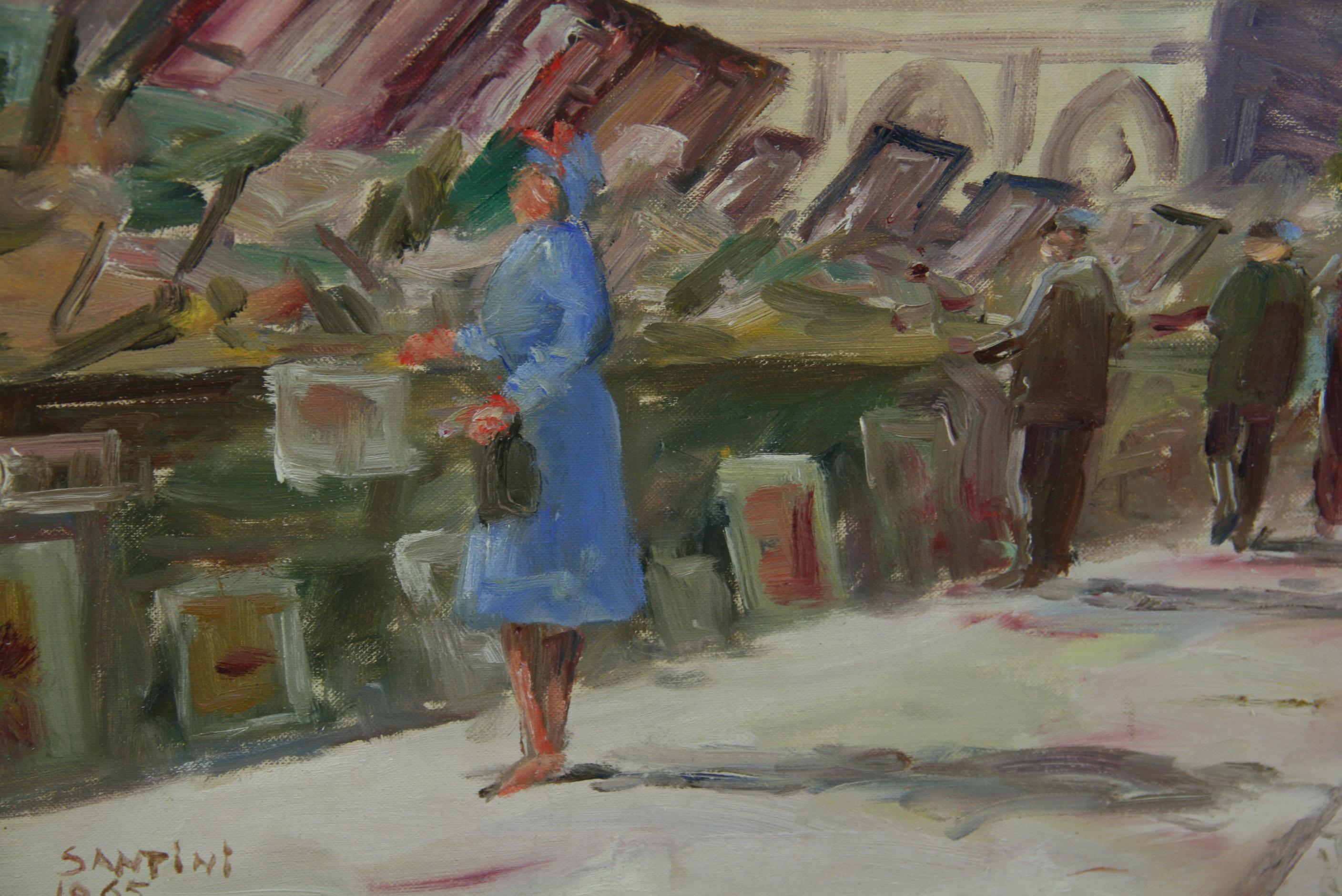 Antique French Oil Painting  Book Sellers with Notre Dame in the Background For Sale 5