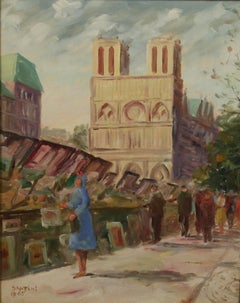 French Book Sellers Along the Seine, Oil on Artist Board, Signed, 1965