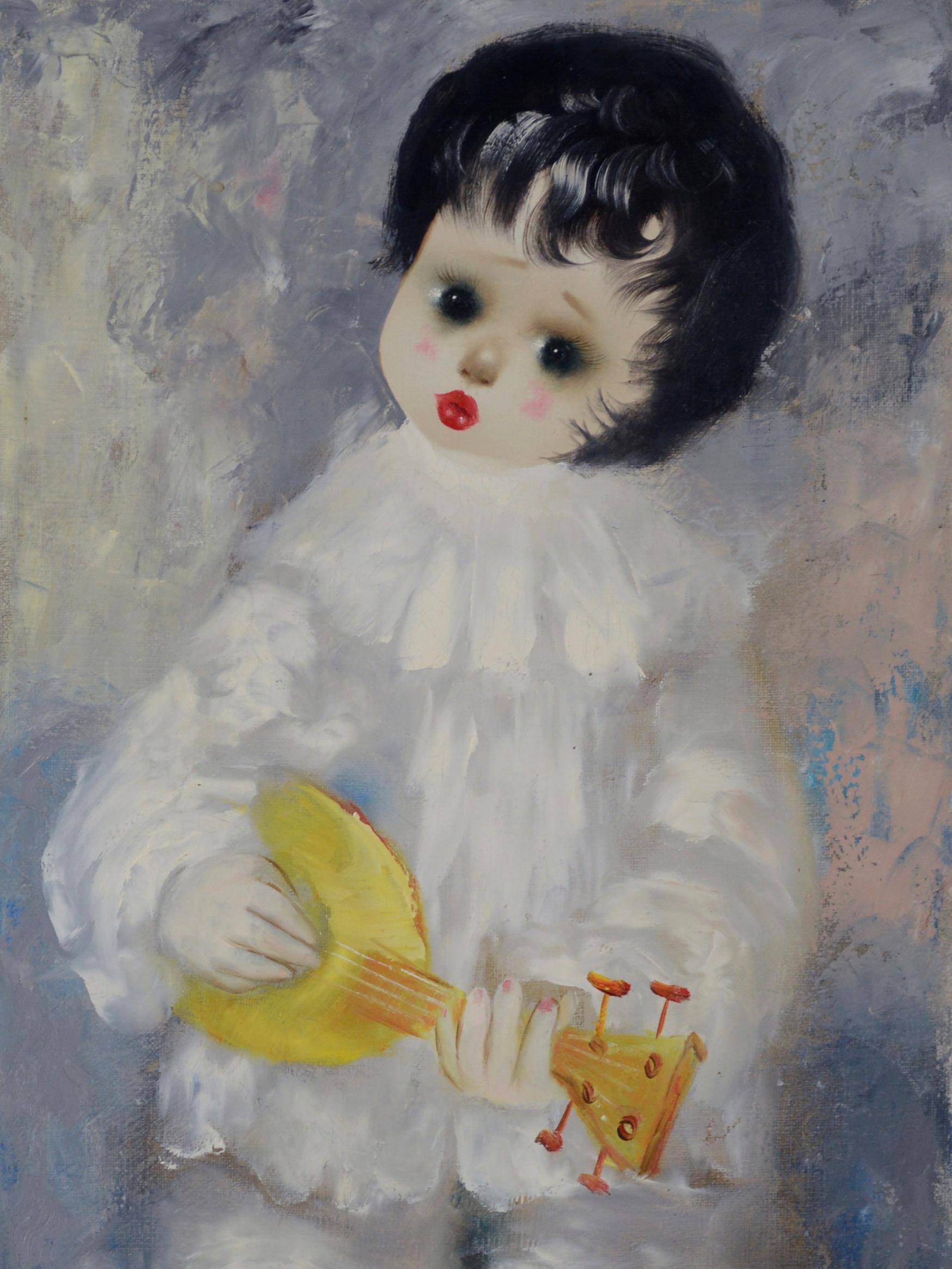 Pierrot the Musician Singing Little Girl Clown Paris - Painting by Santini Poncini