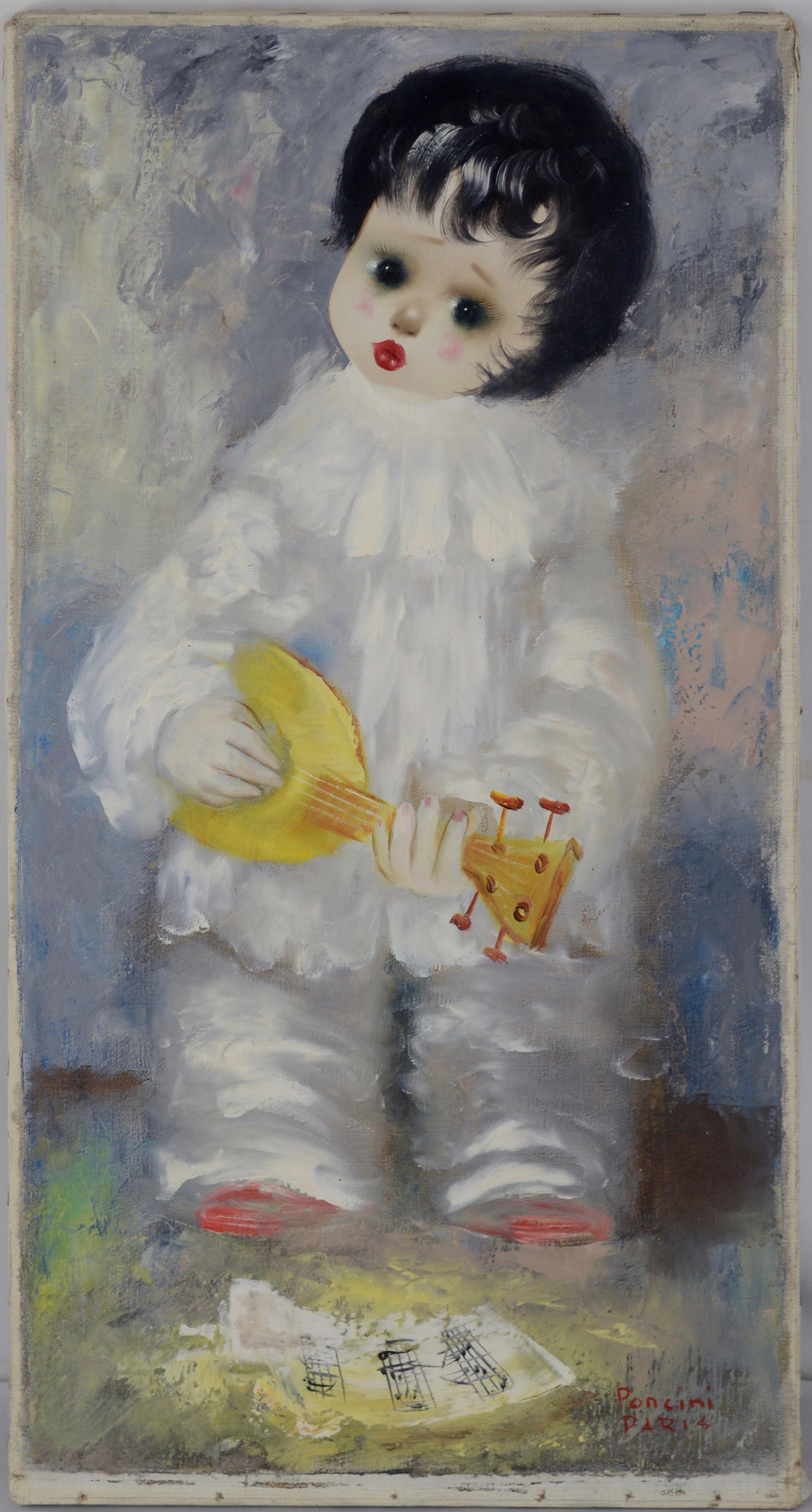 Santini Poncini Figurative Painting - Pierrot the Musician Singing Little Girl Clown Paris