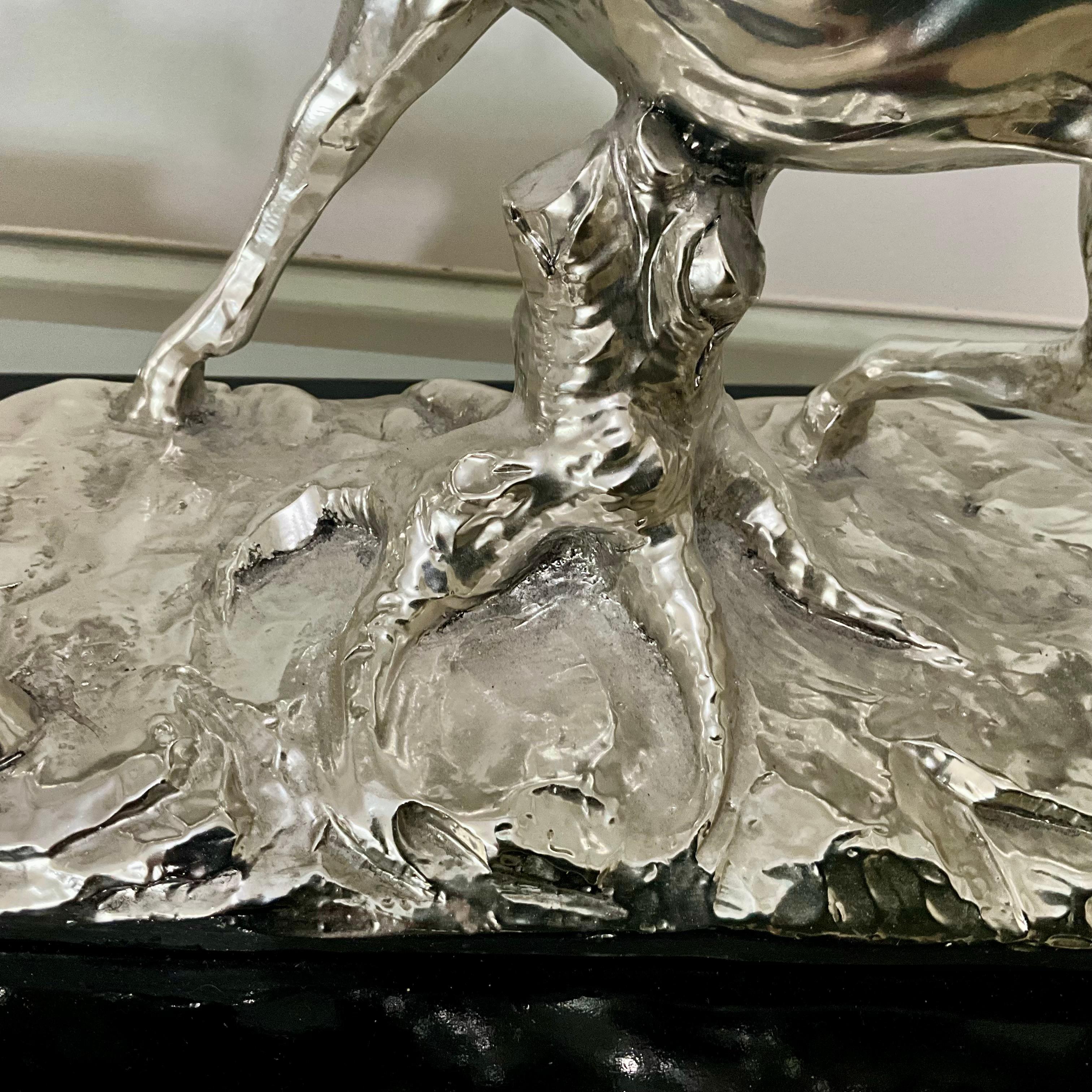 XX secolo Santini Silvered Resin Sculpture of Two Rearing Horses, Signed, Italy Mid-20th C in vendita