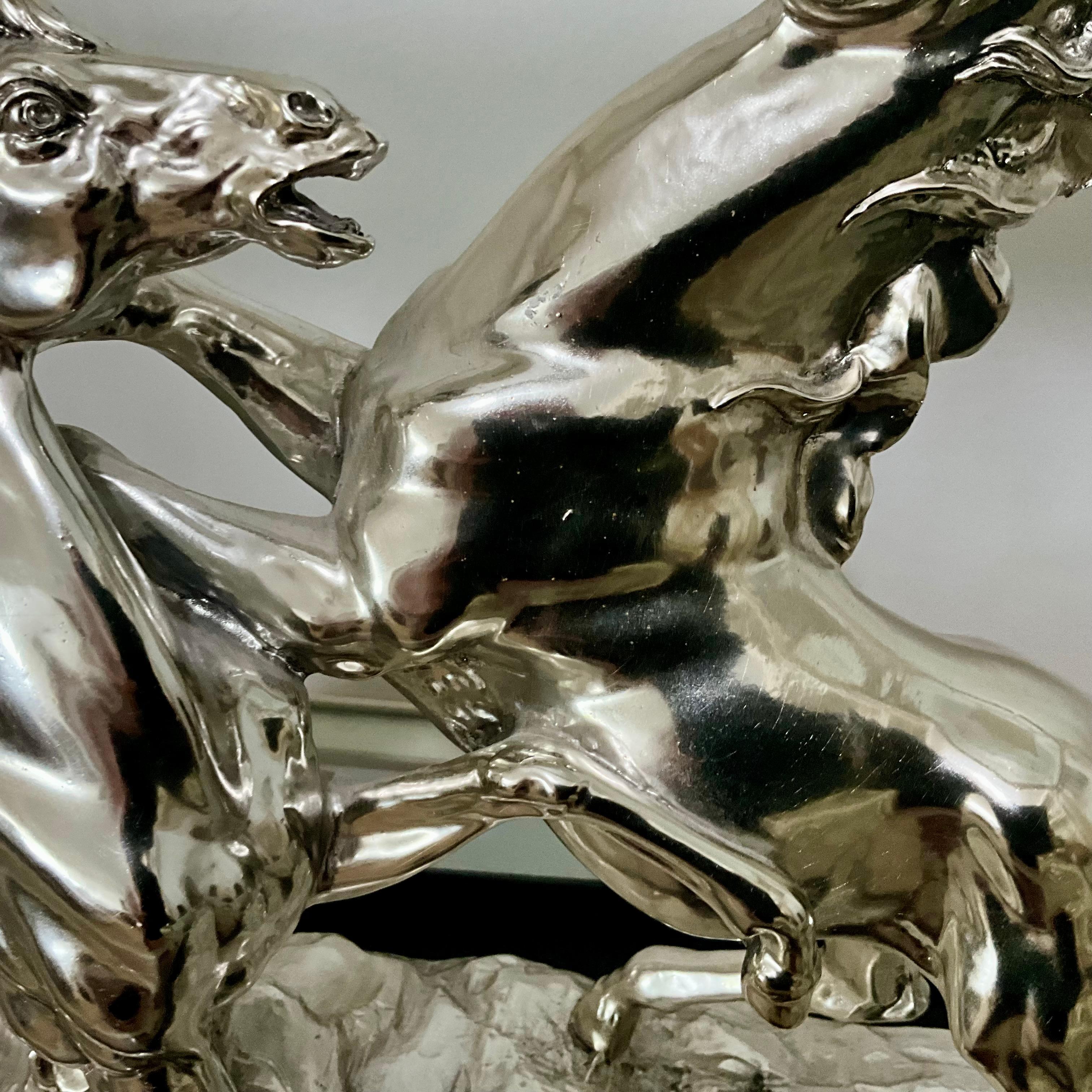 Resina Santini Silvered Resin Sculpture of Two Rearing Horses, Signed, Italy Mid-20th C in vendita