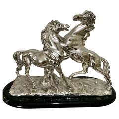 Santini Silvered Resin Sculpture of Two Rearing Horses, Signed, Italy Mid-20th C