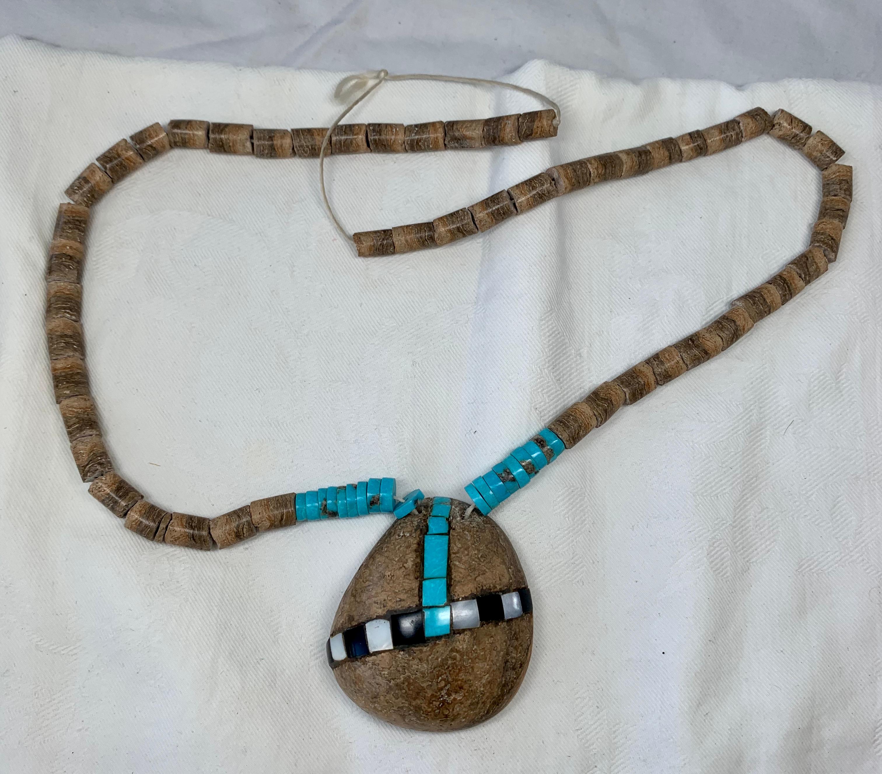 Native American Santo Domingo Kewa Pueblo Inlaid Petrified Shell Turquoise Heishi Necklace For Sale