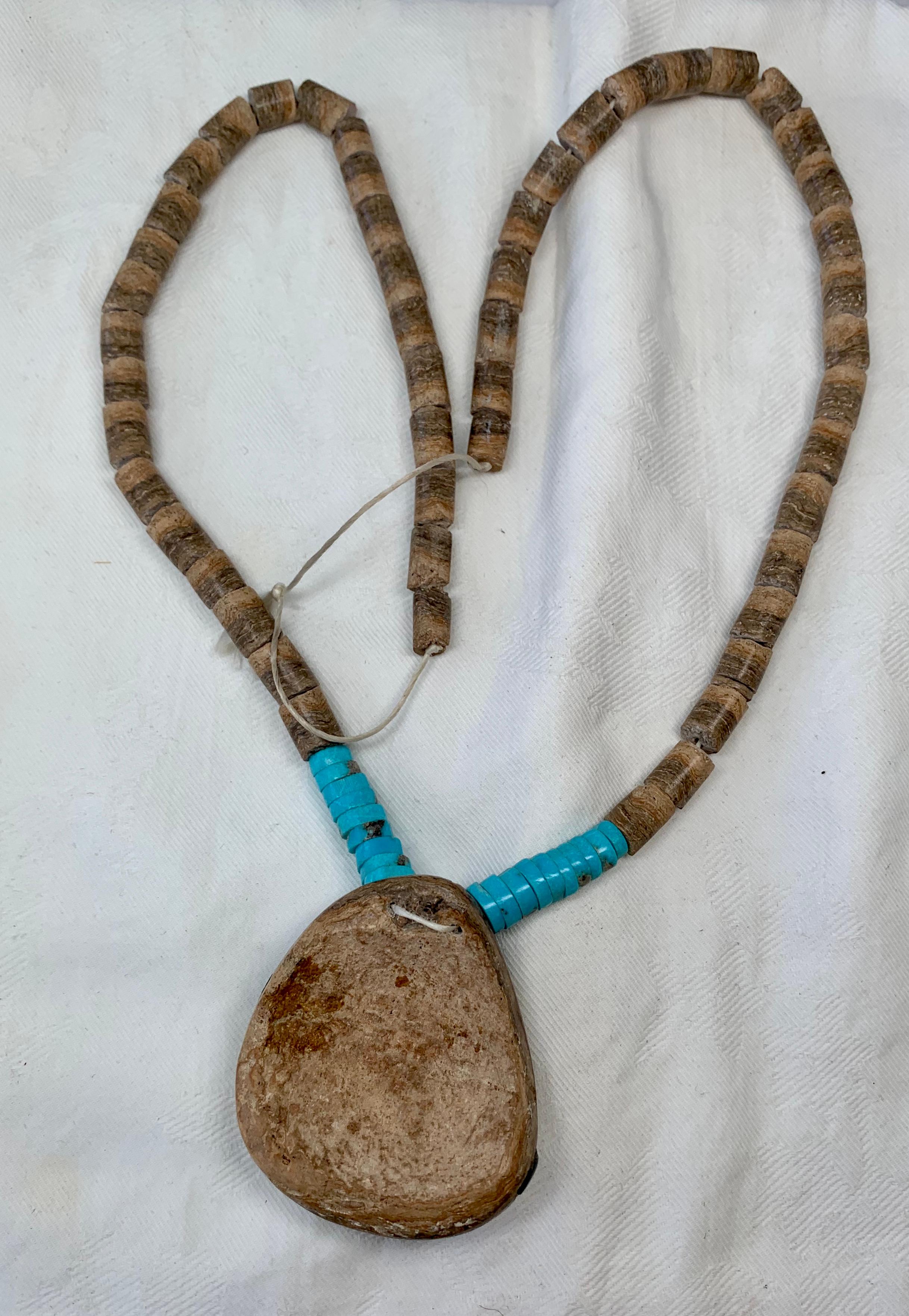 Bead Santo Domingo Kewa Pueblo Inlaid Petrified Shell Turquoise Heishi Necklace For Sale