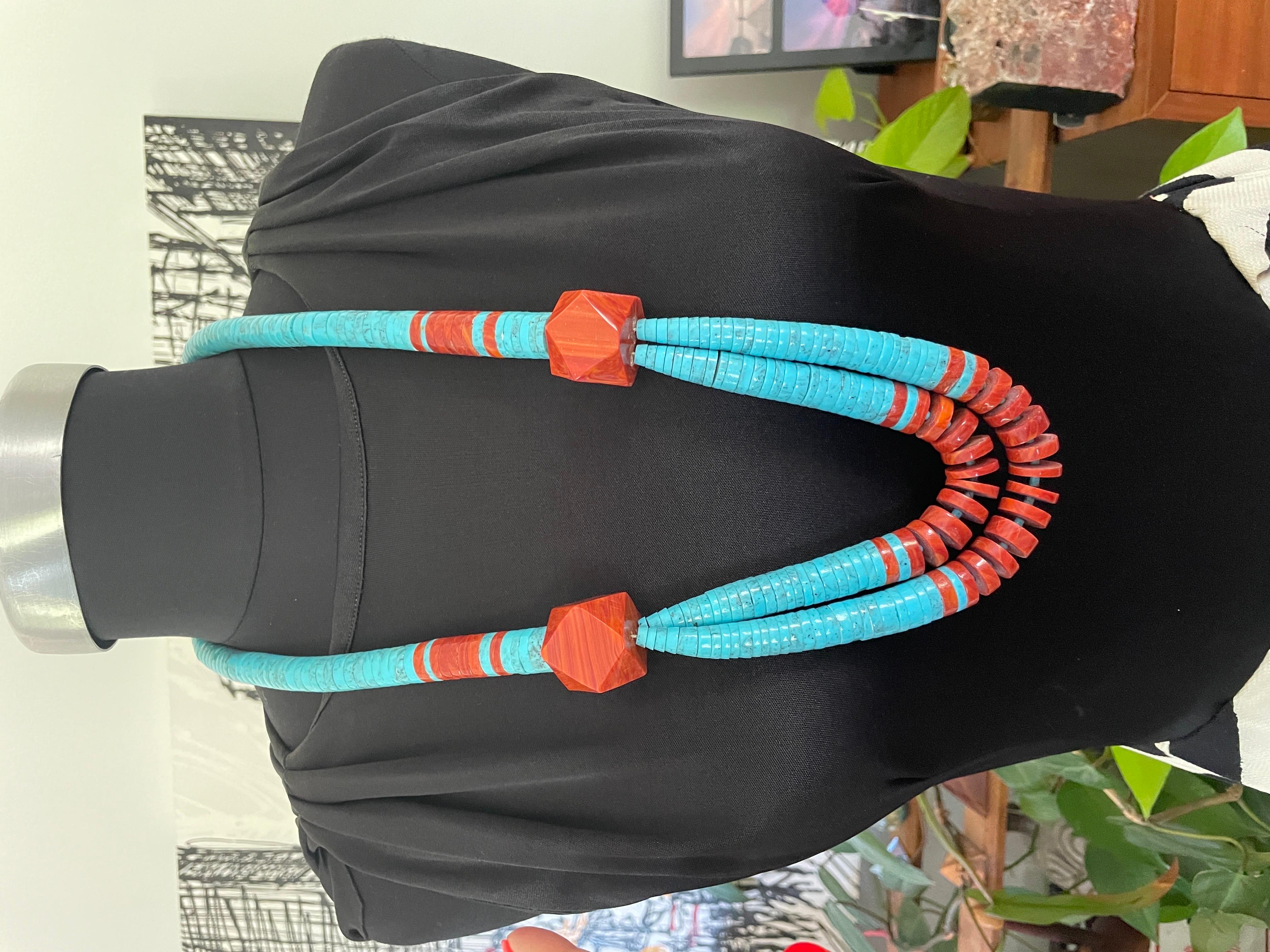 Rough Cut  Santo Domingo Necklace Turquoise and Spiny Oyster Heishi Jacla Old Pawn  For Sale