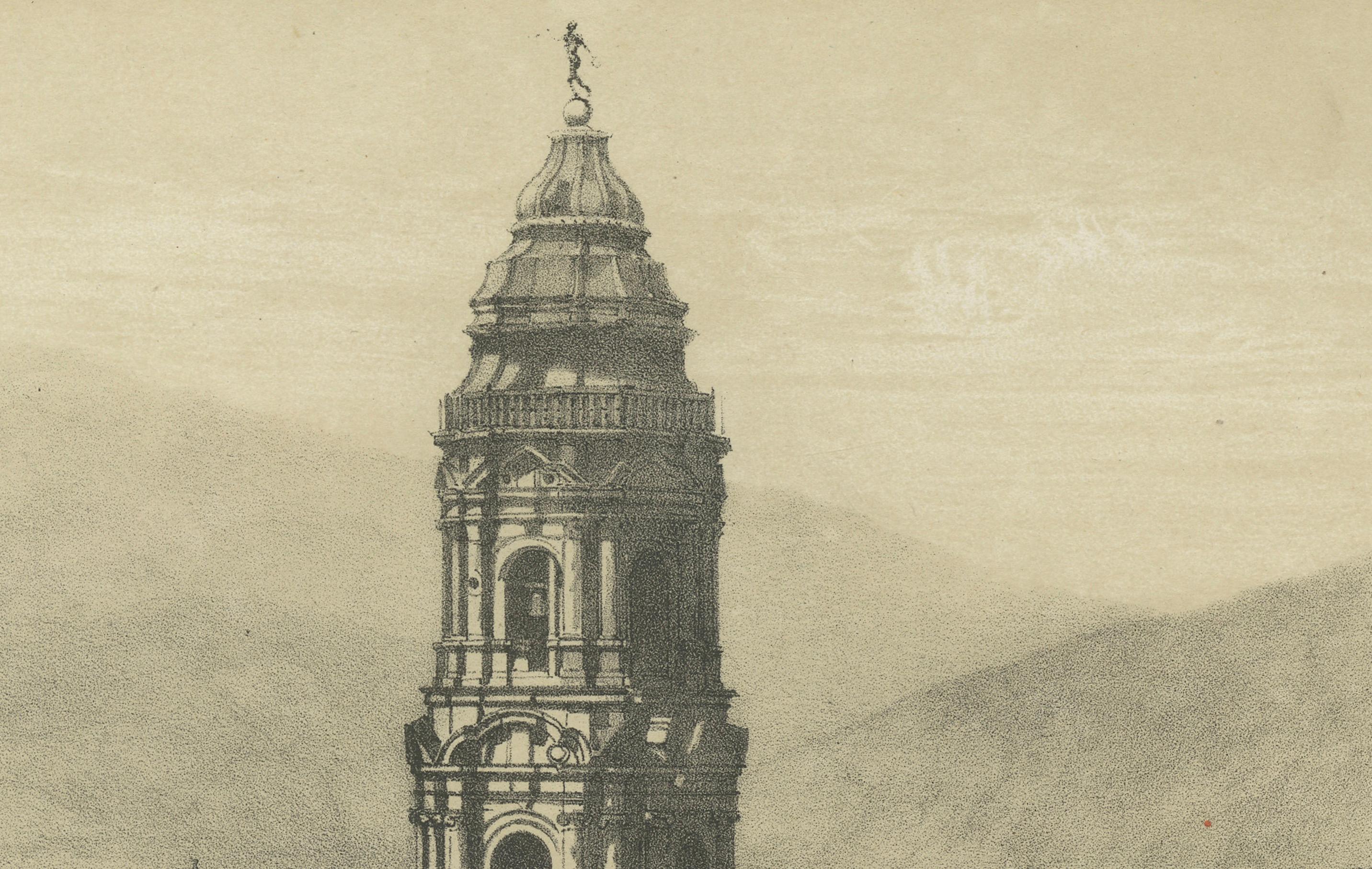 Paper Santo Domingo Tower Lima Peru – Antique Lithograph c.1865 For Sale