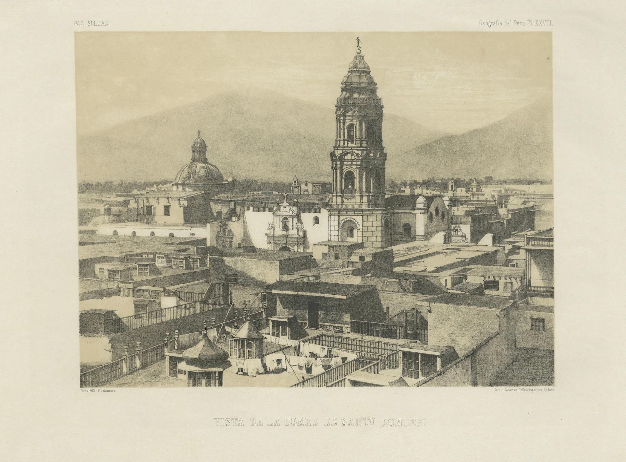 Santo Domingo Tower Lima Peru – Antique Lithograph c.1865 For Sale 2
