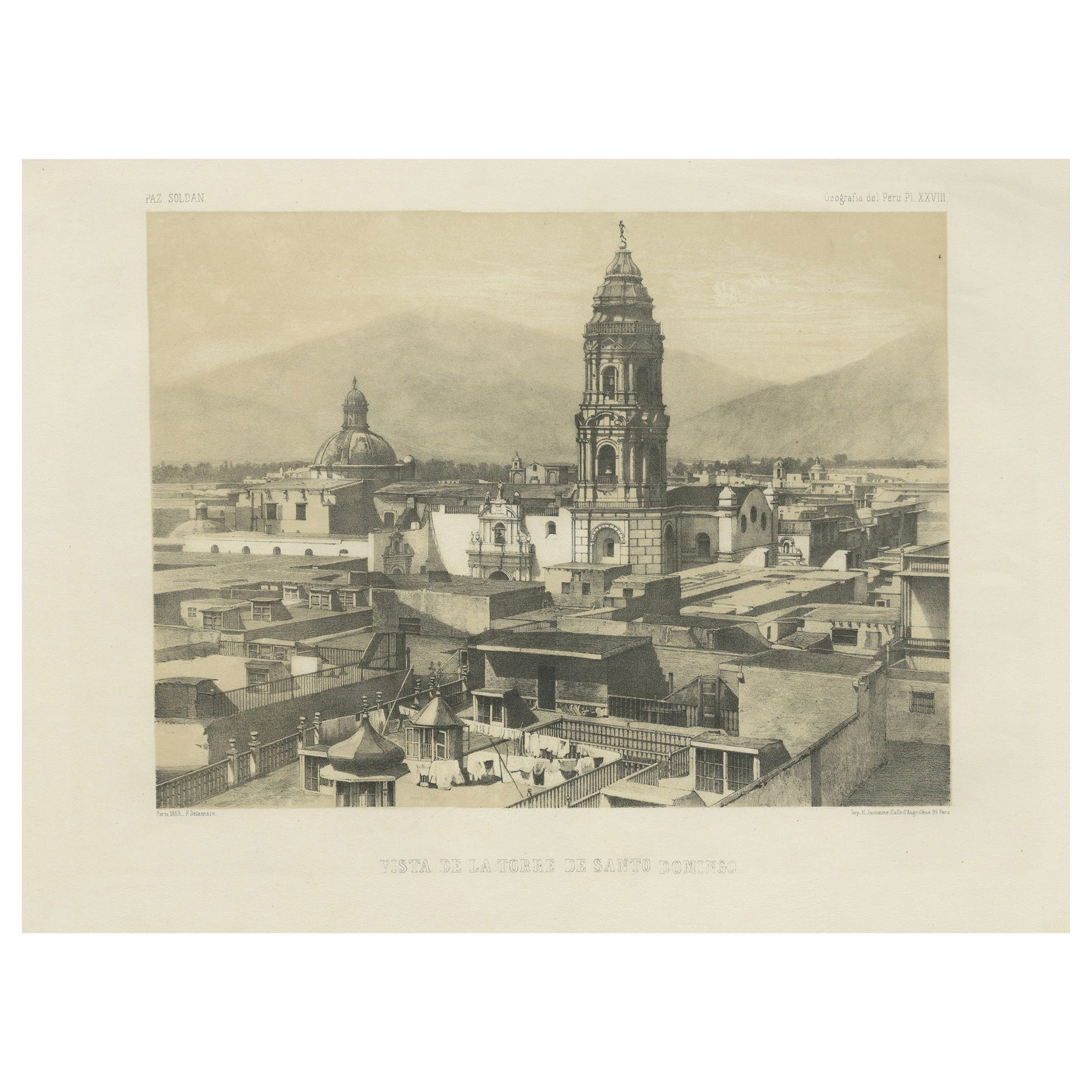 Santo Domingo Tower Lima Peru – Antique Lithograph c.1865