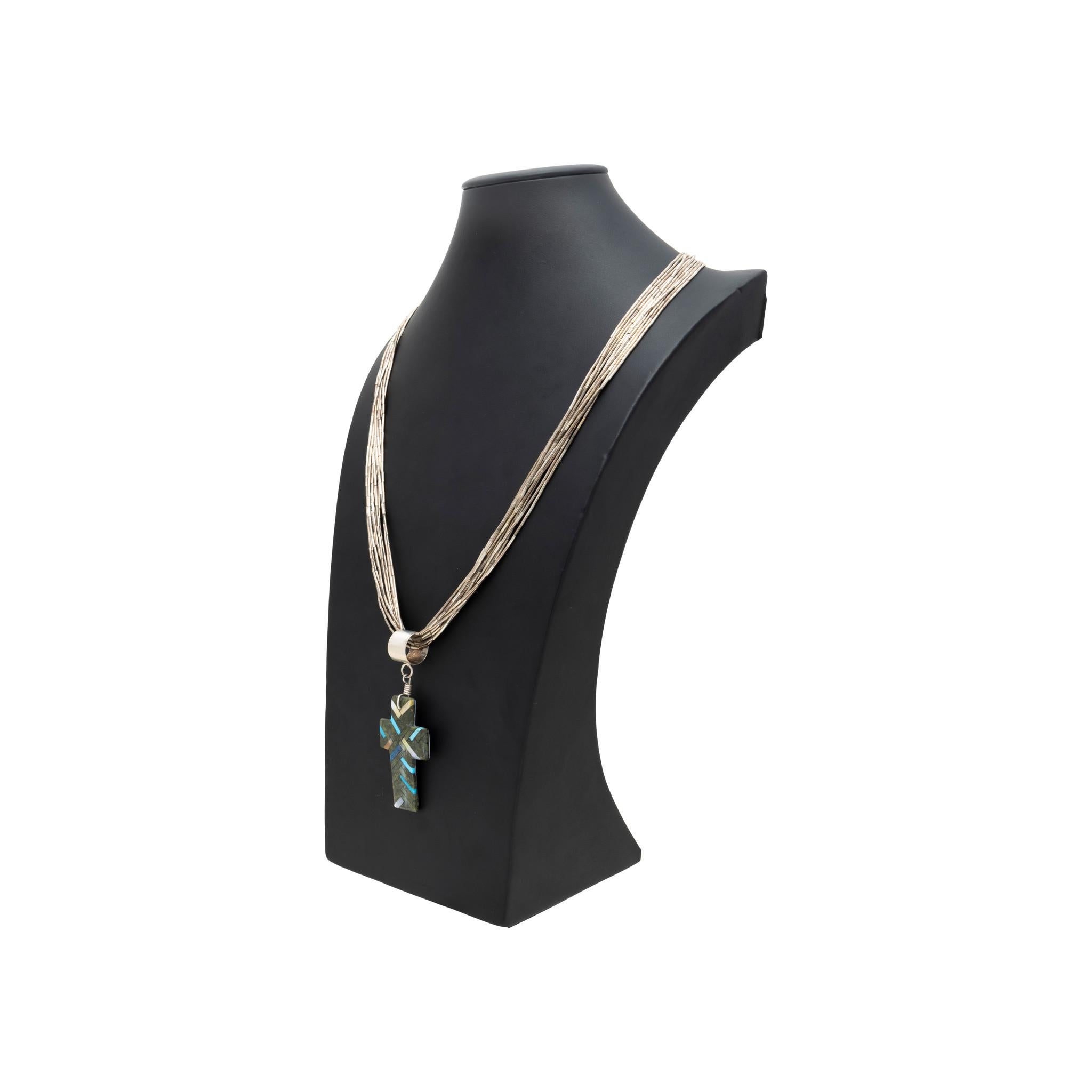 Women's or Men's Santo Domingo Turquoise Cross Pendant on Liquid Sterling Silver Chain For Sale