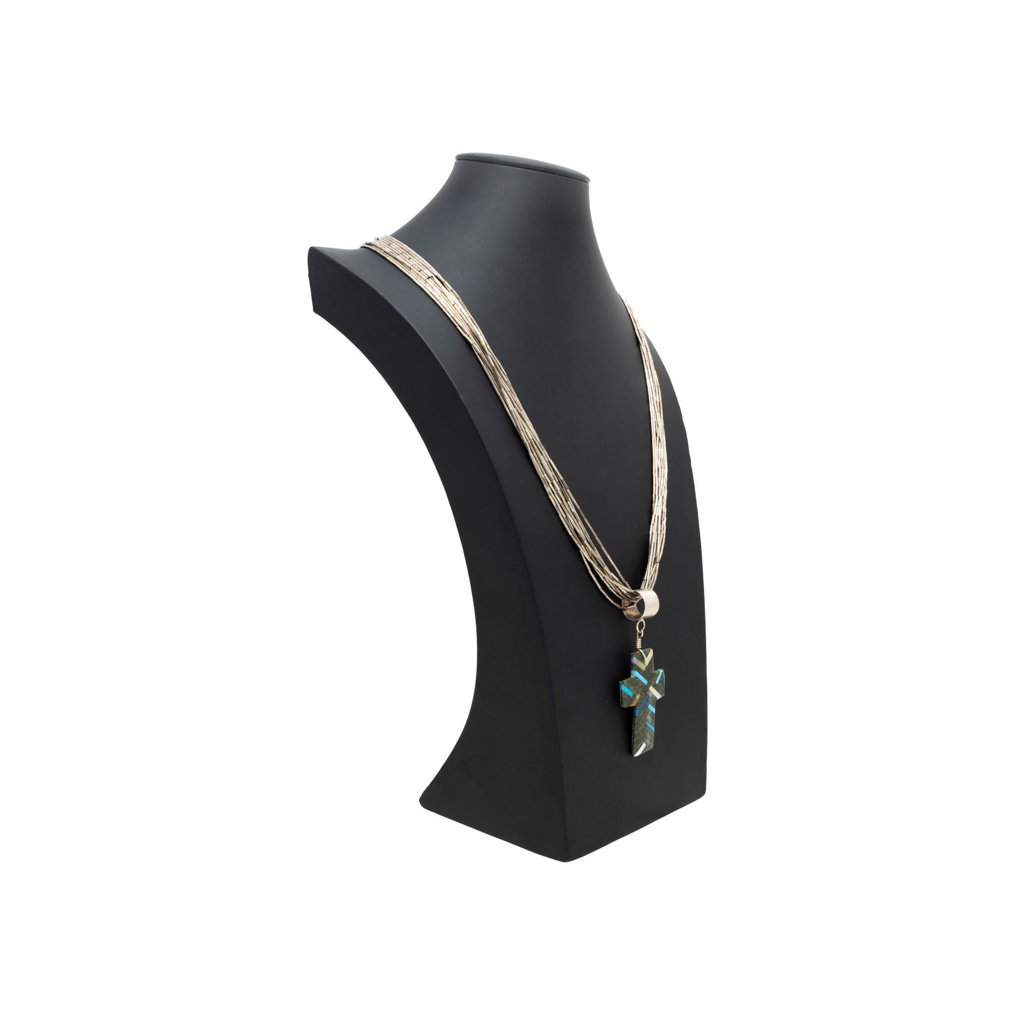Santo Domingo Turquoise Cross Pendant on Liquid Sterling Silver Chain For Sale 1