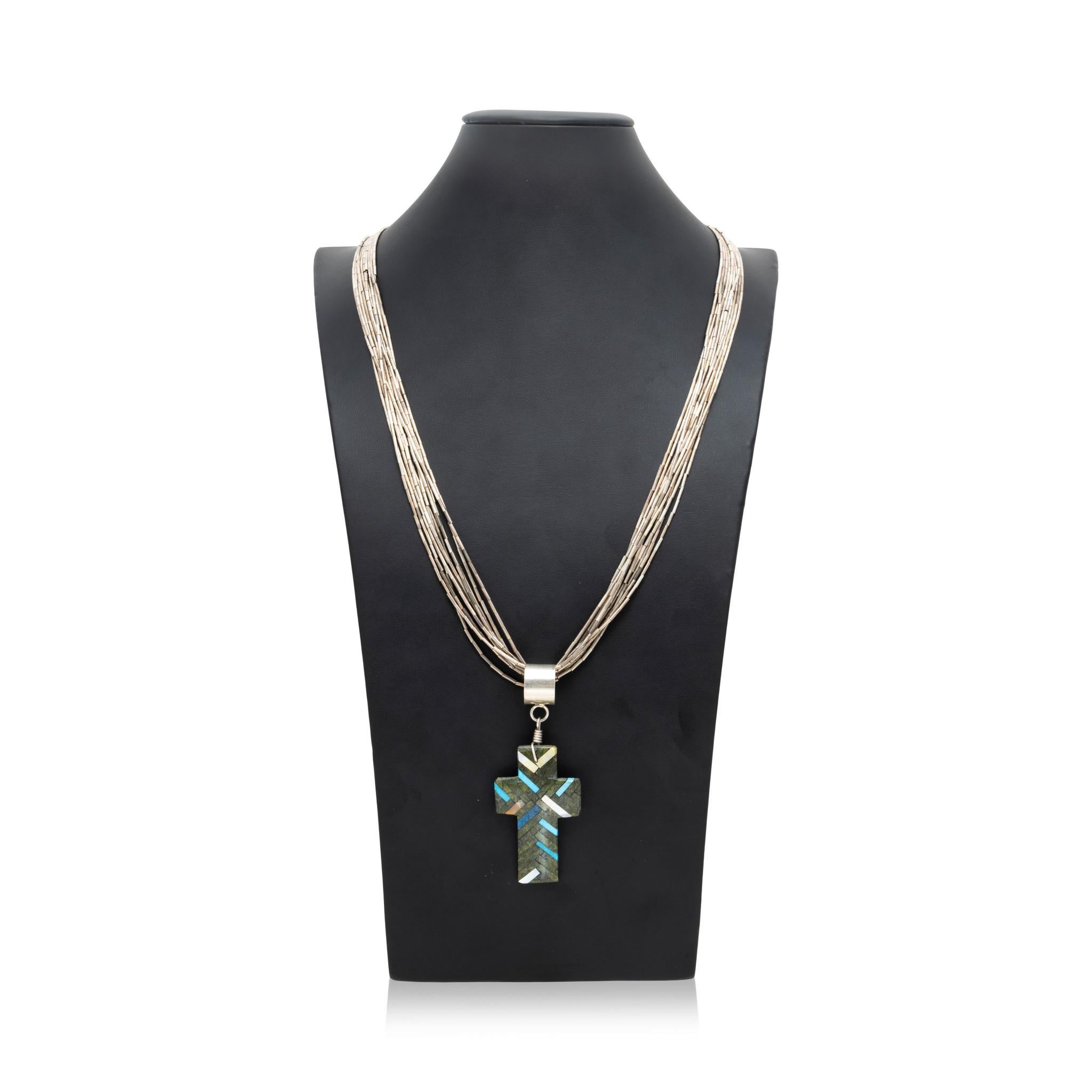 Santo Domingo Turquoise Cross Pendant on Liquid Sterling Silver Chain For Sale 2