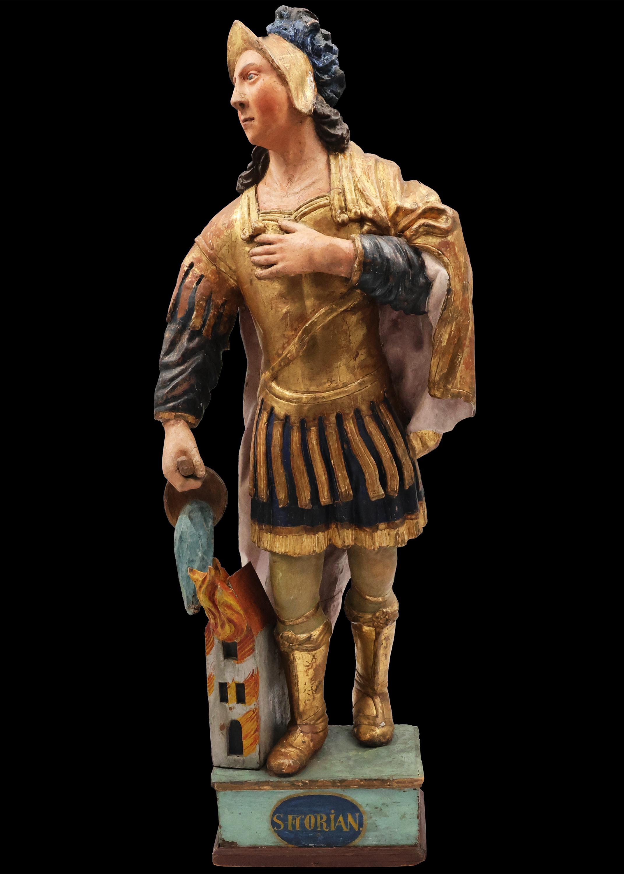 Luigi XV Santo Floriano, legno di pioppo policromo, Europa Centrale, XVIII secolo in vendita