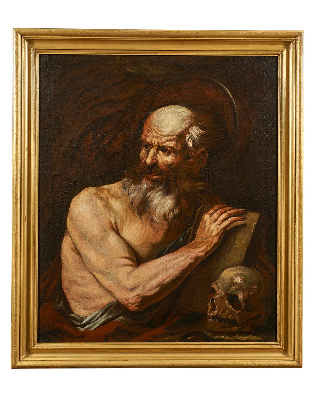 Painting, oil on canvas, with dimensions of 92 x 77 without frame and 107 x 82 cm with frame, depicting a Saint Gerolamo in the ancient philosopher and ascetic version, typical of the greatest tradition of the Neapolitan baroque of the