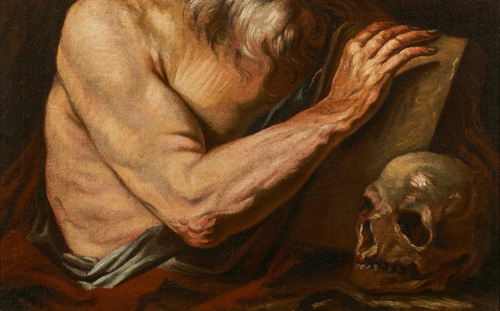 Oiled Santo Fracanzano 17th Century Oil on Canvas Saint Jerome Painting For Sale