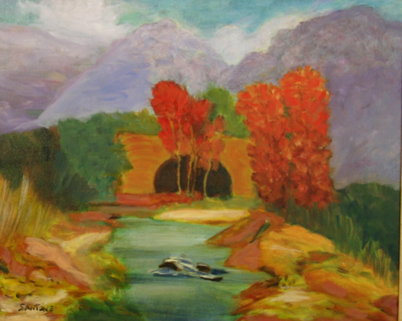 Stream Flowing Under The Bridge Fall Landscape Framed Oil Painting  1950 - Brown Landscape Painting by Santone