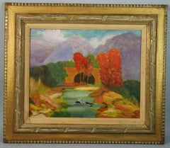 Ruisseau s'écoulant sous le pont Paysage d'automne Peinture à l'huile encadrée  1950
