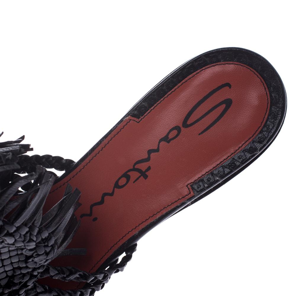 Santoni Black Woven Leather Fringe Detail Flat Mules Size 37 2