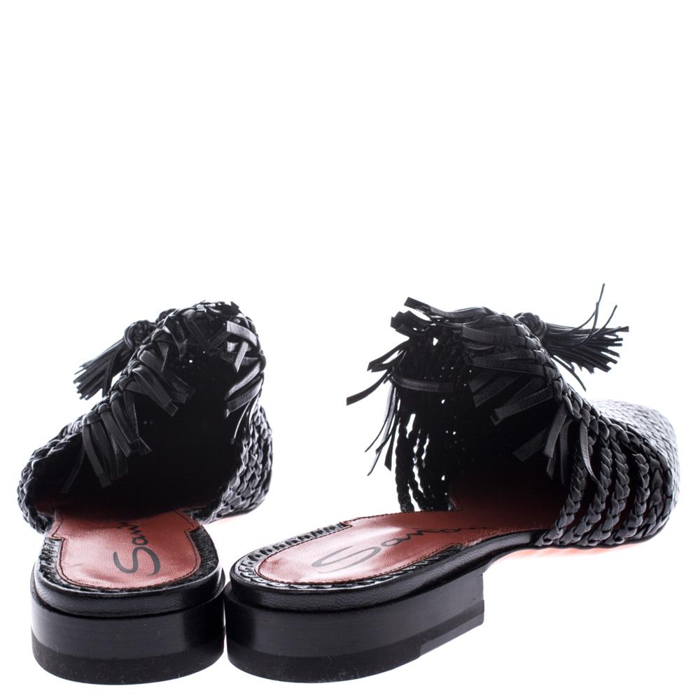 Santoni Black Woven Leather Fringe Detail Flat Mules Size 40 In New Condition In Dubai, Al Qouz 2