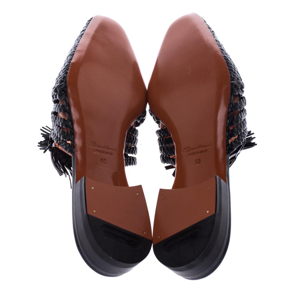 Women's Santoni Black Woven Leather Fringe Detail Flat Mules Size 40
