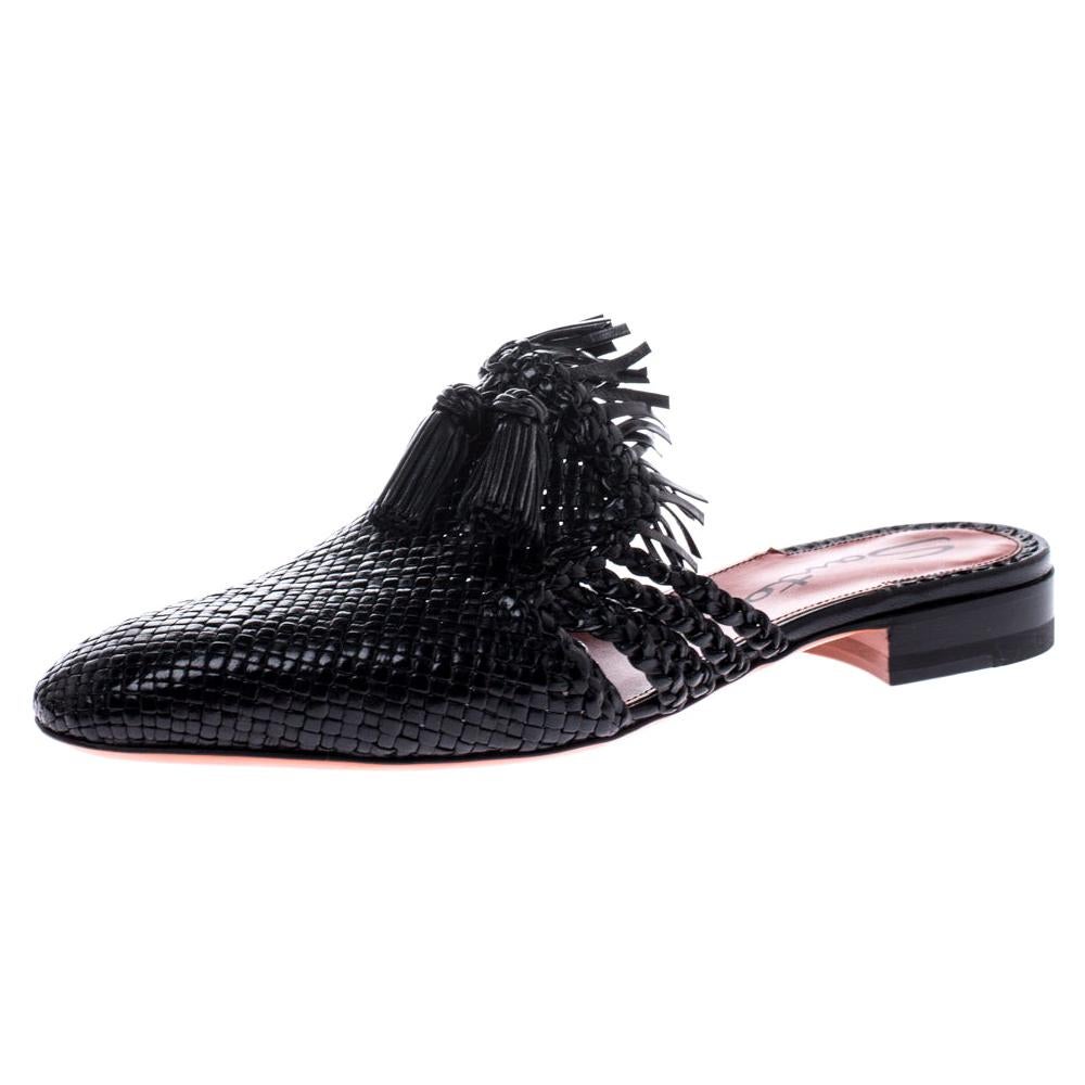 Santoni Black Woven Leather Fringe Detail Flat Mules Size 40