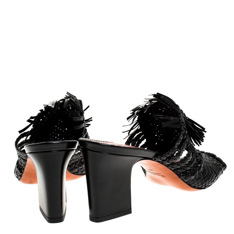 Women's Santoni Black Woven Leather Fringe Detail Open Toe Mules Size 38.5