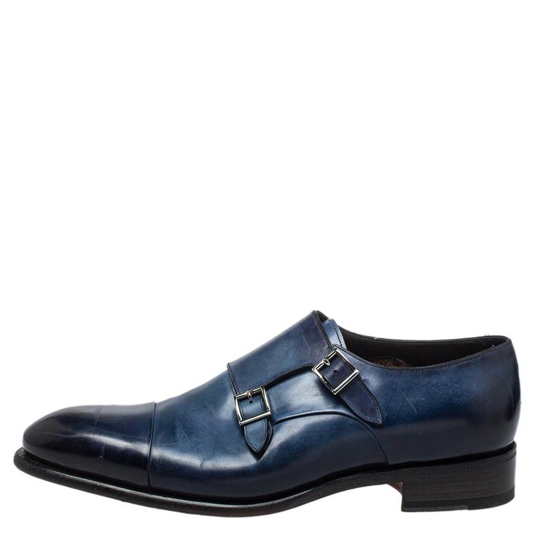 Santoni Blue Leather Double Buckle Derby Monk Size 46 at 1stDibs