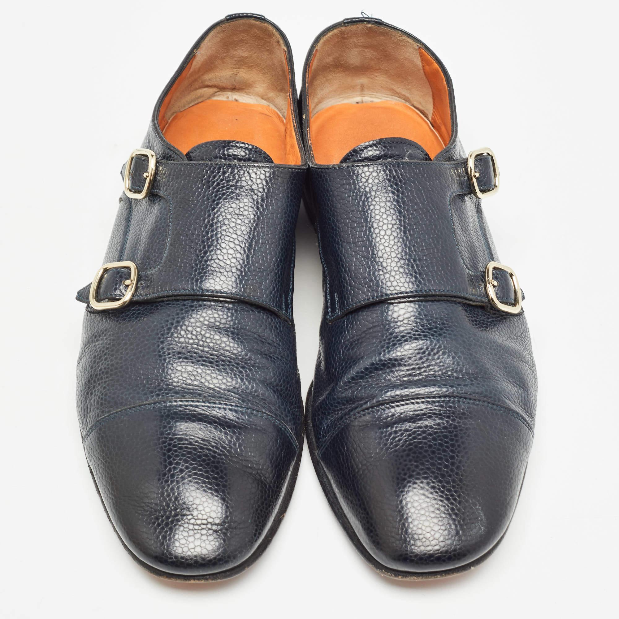 Grigio Santoni in pelle blu con doppia fibbia e cinturino alla caviglia, taglia 41 in vendita