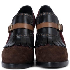 SANTONI brown burgundy black suede FRINGED BROGUE PLATFORM Pumps Shoes 39.5