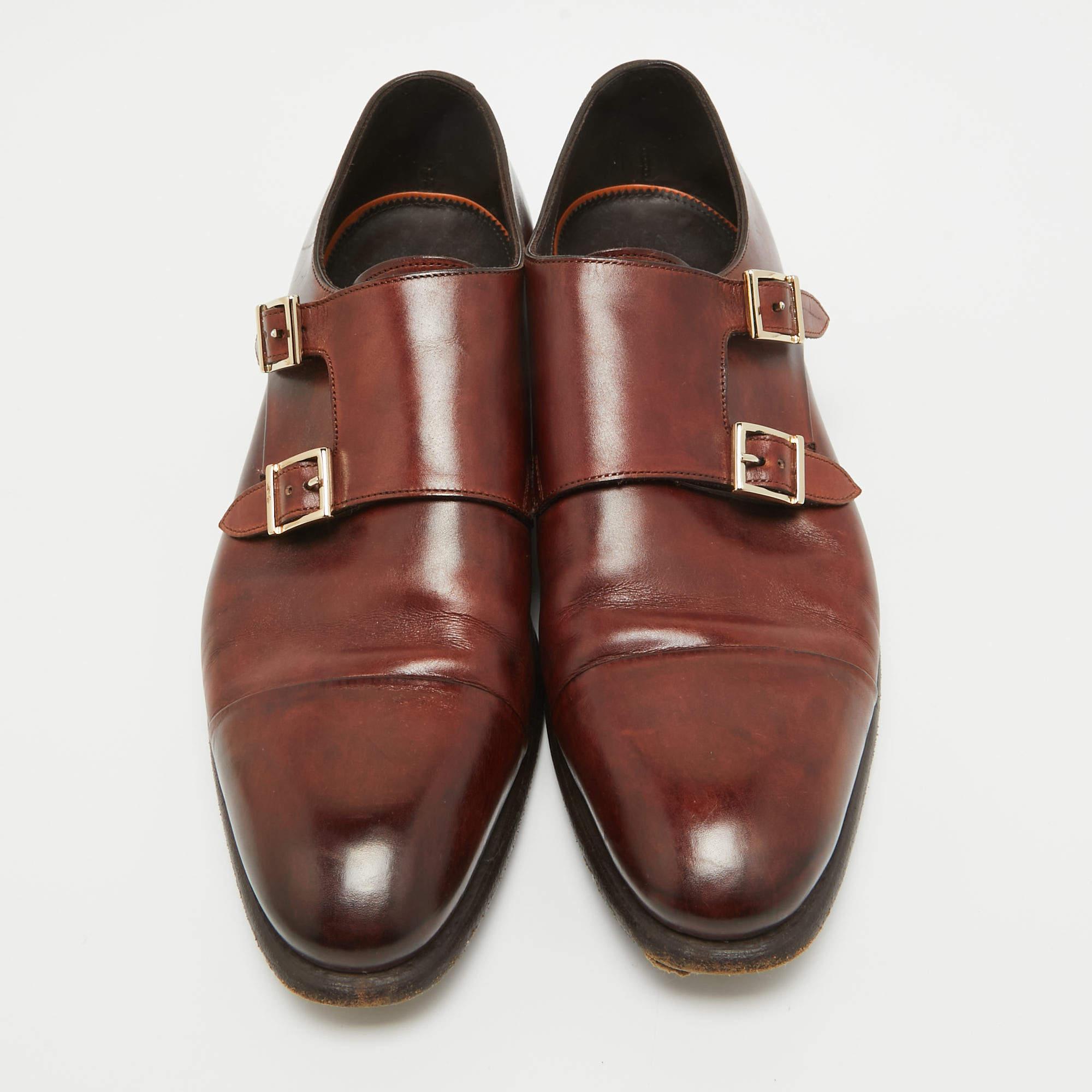 Black Santoni Brown Leather Monk Strap Derby Size 41.5